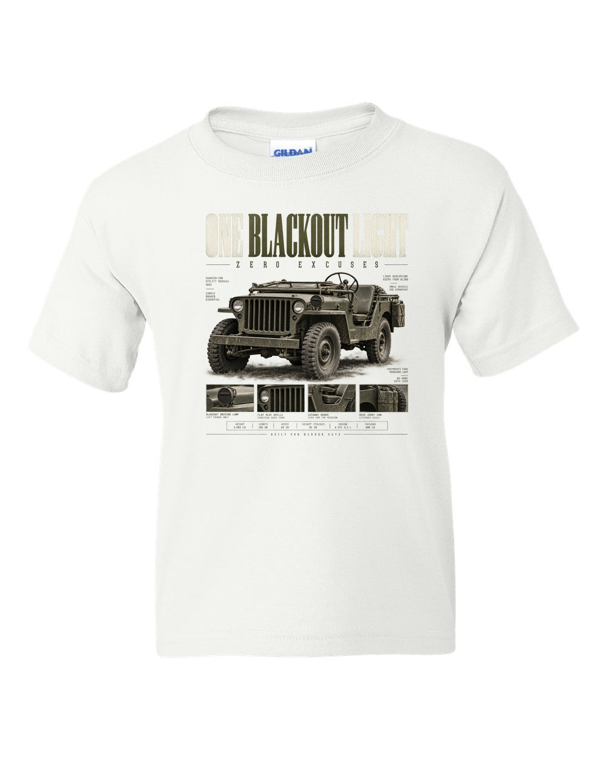 Editorial headline print for the Willys MB blackout light, 1941-1945 white kids tee front view with the design