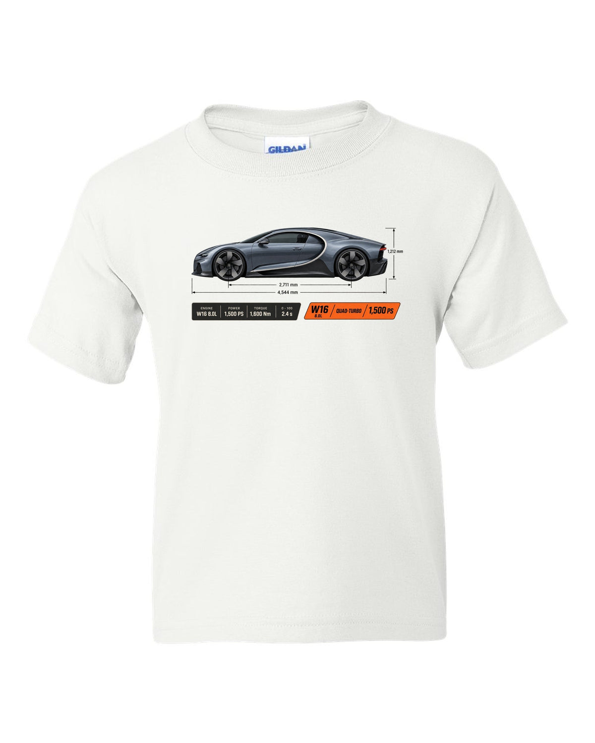 Bugatti Chiron W16 Dimension Blueprint white kids tee front view with the design
