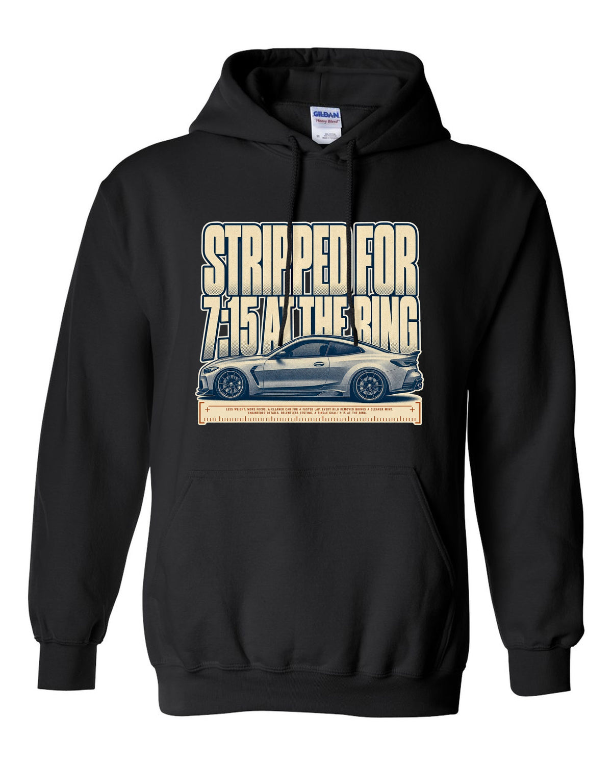 BMW M4 CSL G82 halftone print with 7:15 at the Ring text black pull over hoodie front view with the design