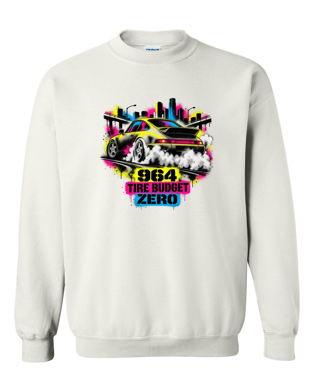 Street-art stencil print of a Porsche 911 Carrera 4 964 with the text 964, tire budget, zero white crewneck front view with the design