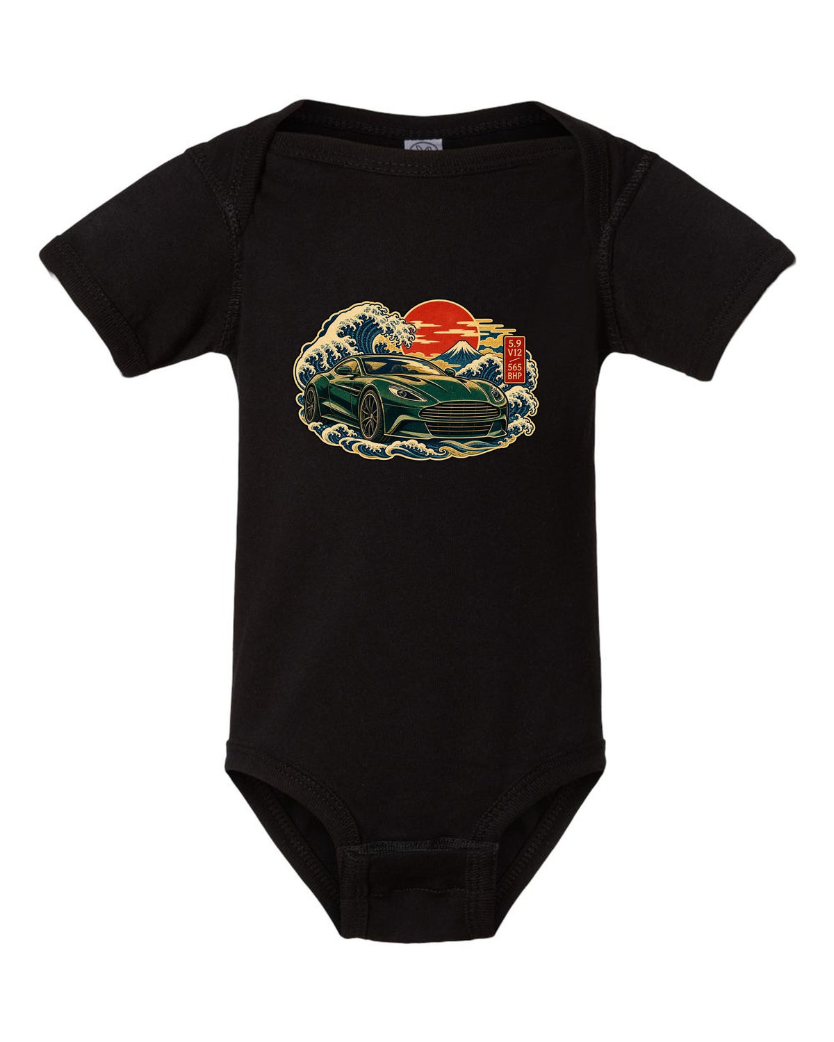 Aston Martin Vanquish ukiyo-e woodblock wave with 5.9 V12 565 BHP lettering black baby onesie front view with the design