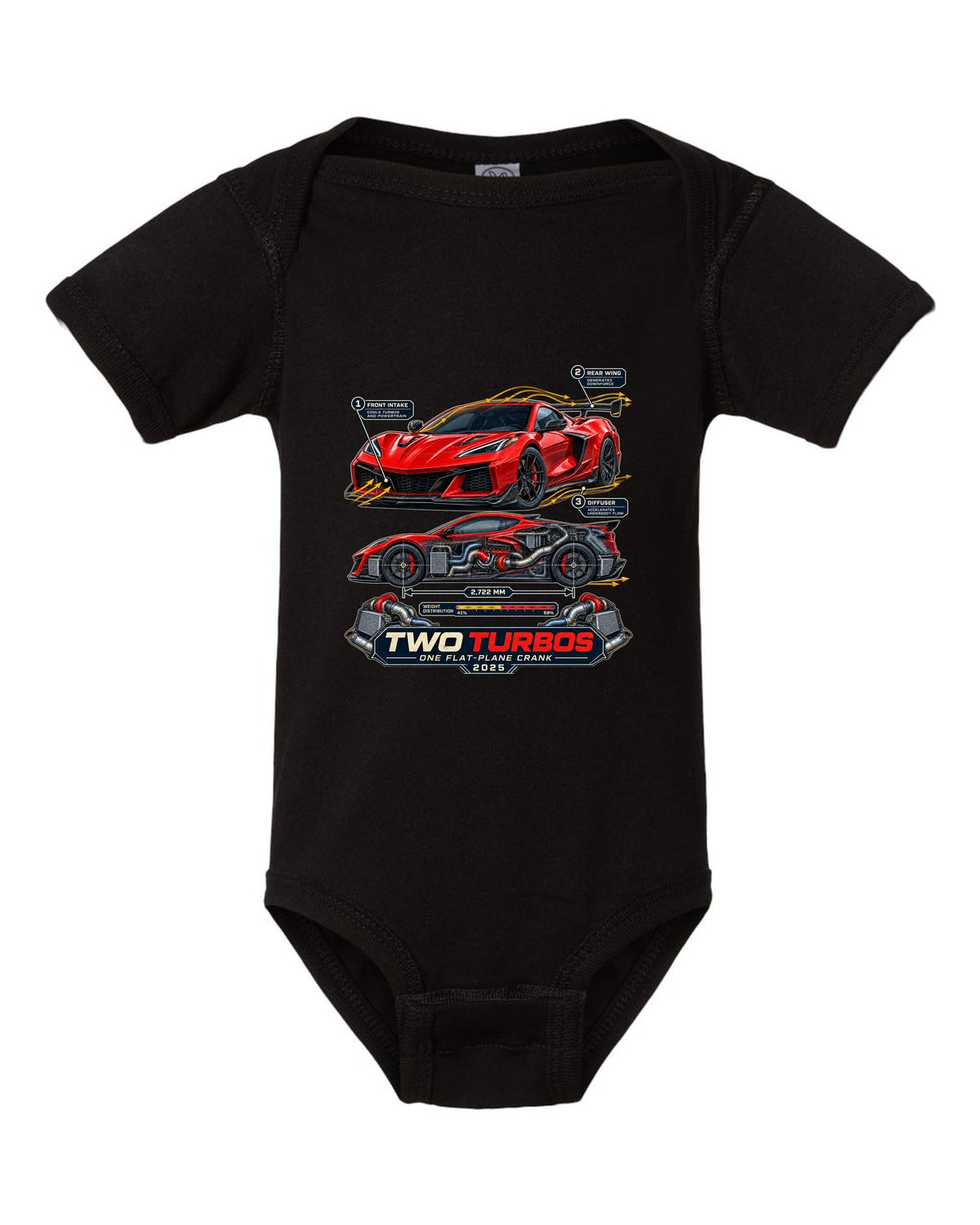 print of a Chevrolet Corvette C8 ZR1 cutaway with callouts for twin turbos and flat-plane crank black baby onesie front view with the design