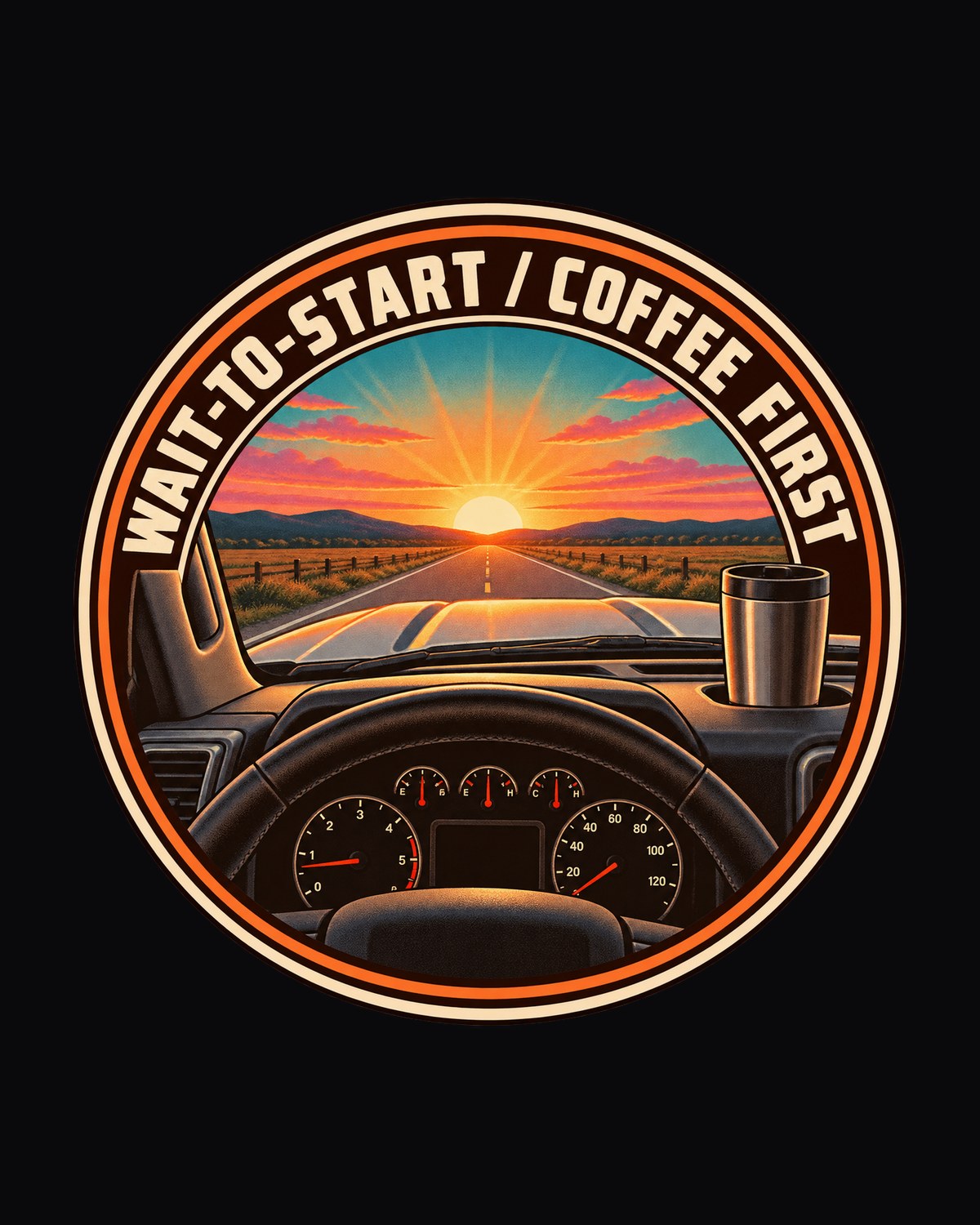 Coffee First Retro Sunrise Crest Tee, Ram 2500 6.7 Cummins design only