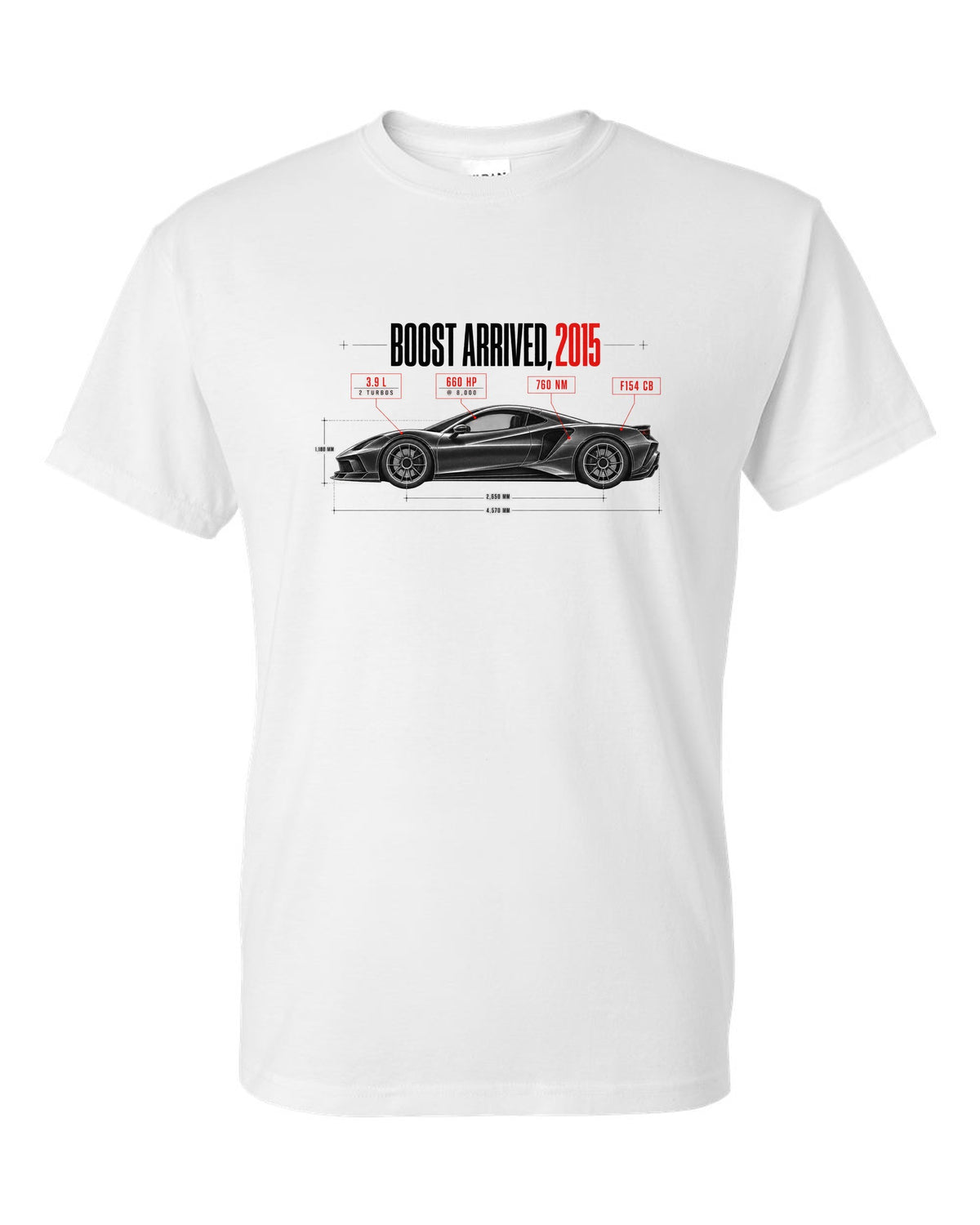 Spec poster print of a Ferrari 488 GTB F154 CB with Boost Arrived 2015, 3.9 L, 660 hp, 760 Nm white t-shirt front view with the design