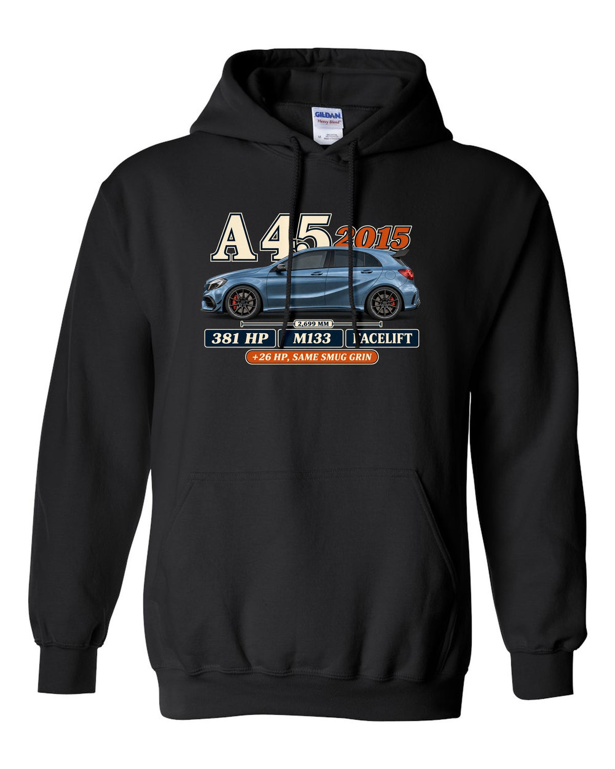 Mercedes-AMG A45 W176 facelift 2015 archive panel print black pull over hoodie front view with the design