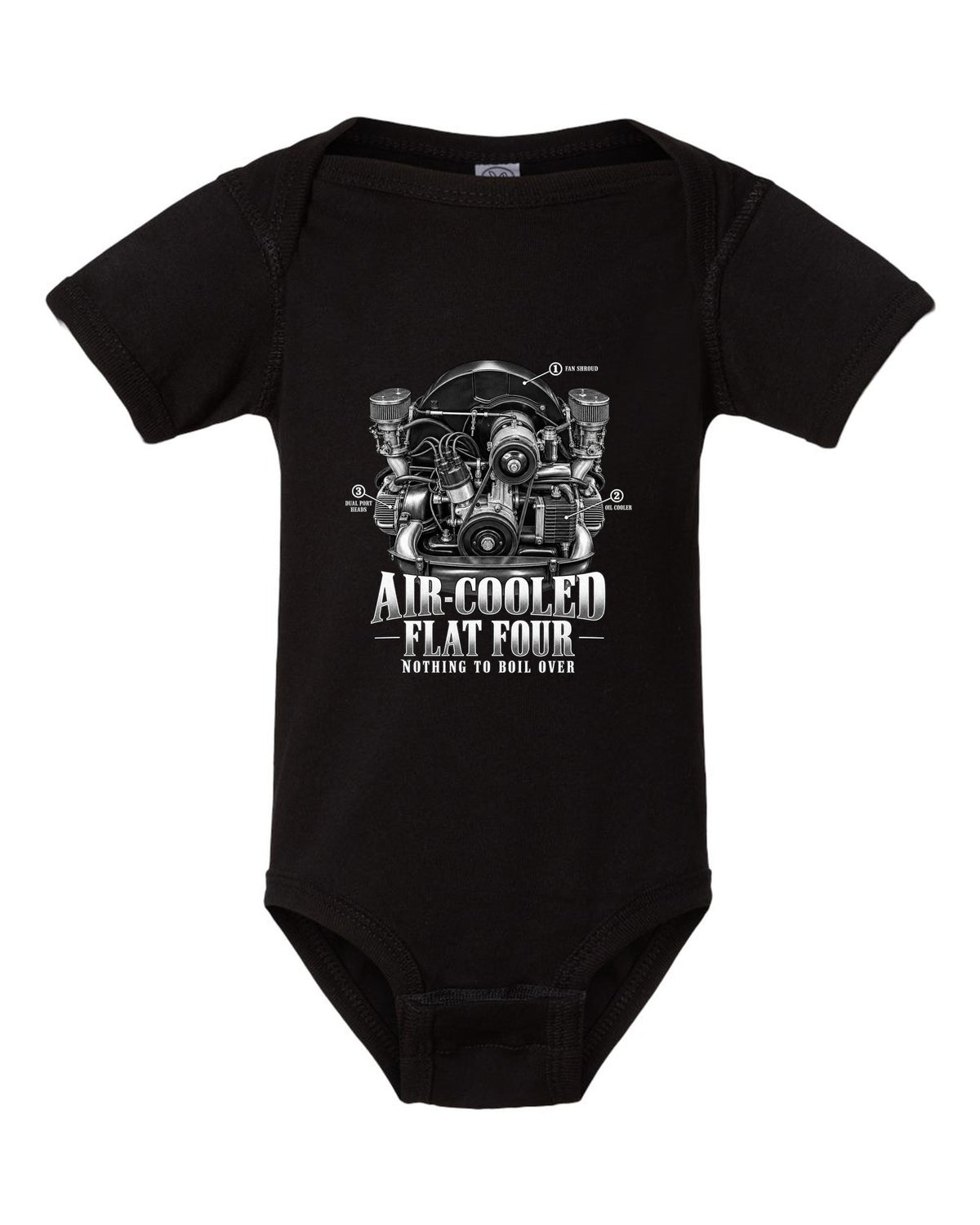 Engine bay callout print of a VW Beetle air-cooled 1600 dual-port flat-four black baby onesie front view with the design
