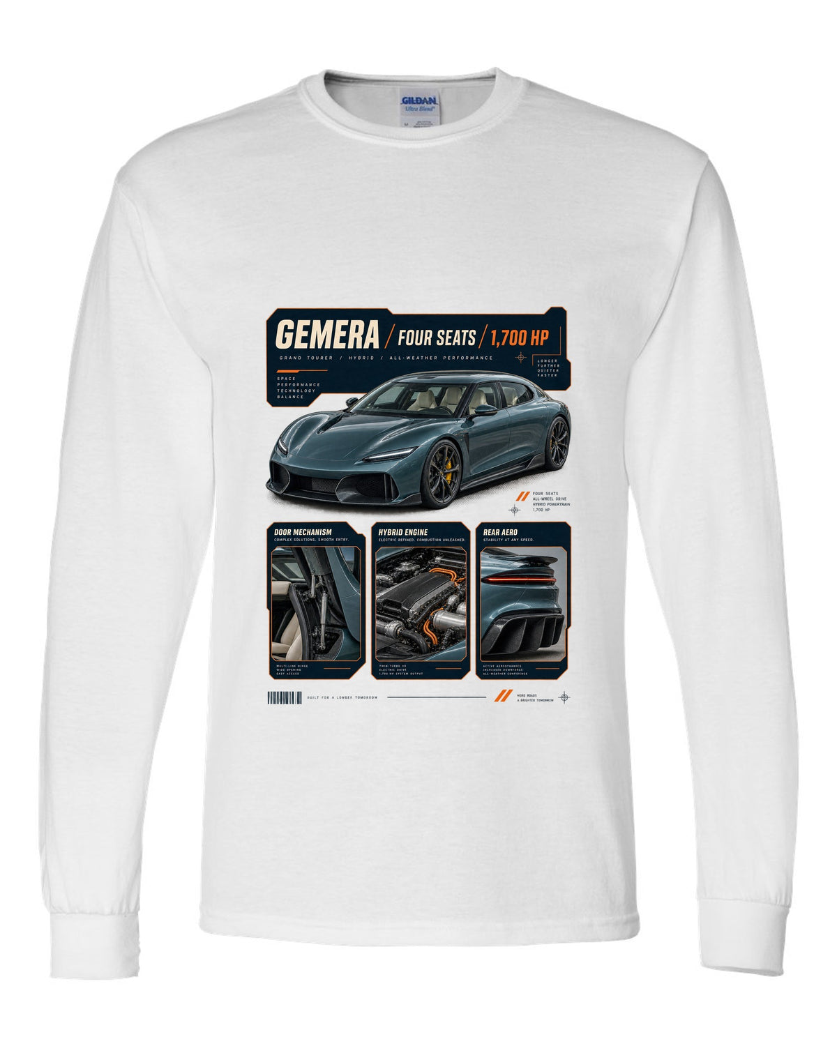 Dossier panel print of the Koenigsegg Gemera with the text Gemera, Mega-GT, four seats, 2020 reveal white long sleeve front view with the design