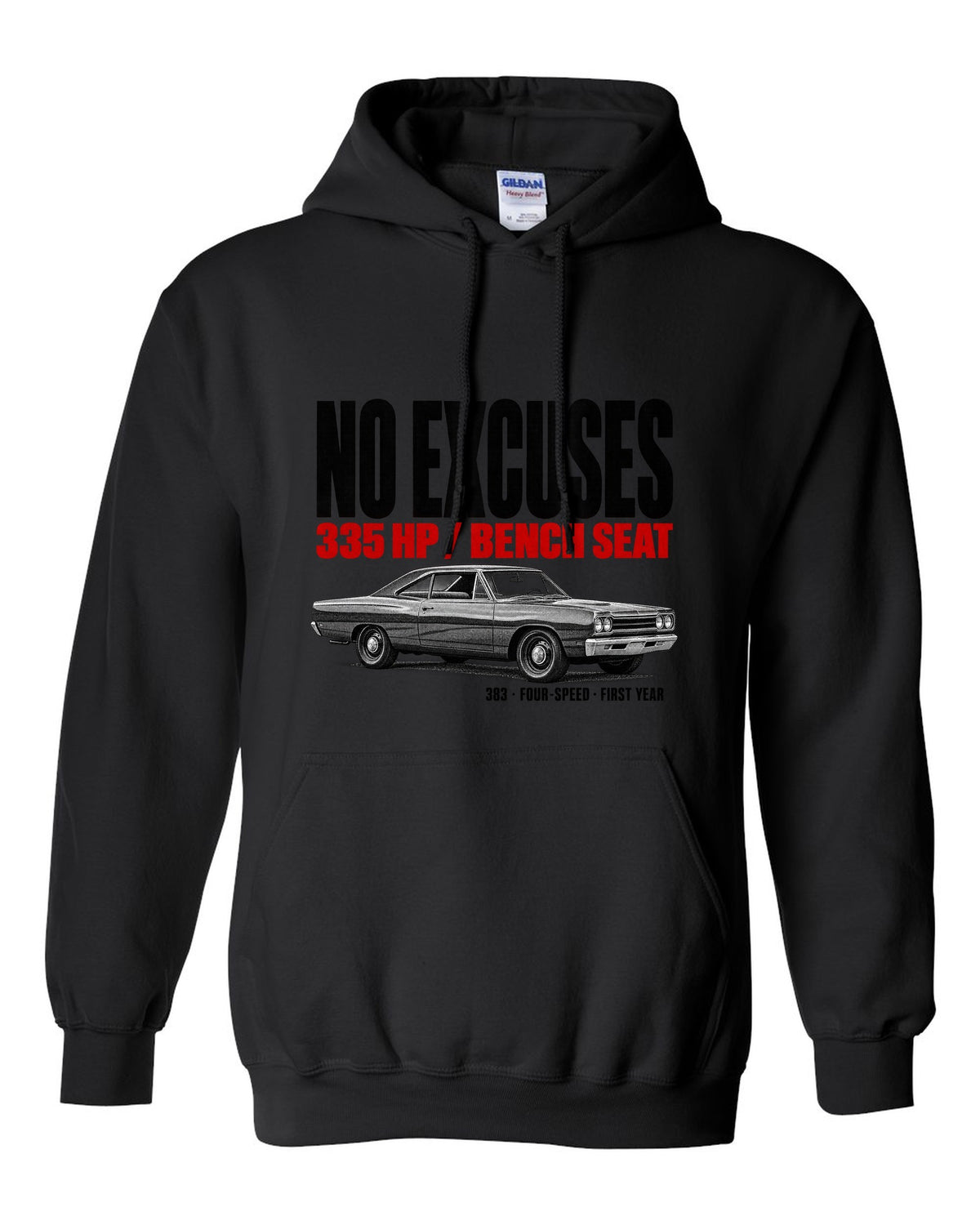 1968 Plymouth Road Runner B-body coupe profile halftone print with No Excuses lettering black pull over hoodie front view with the design