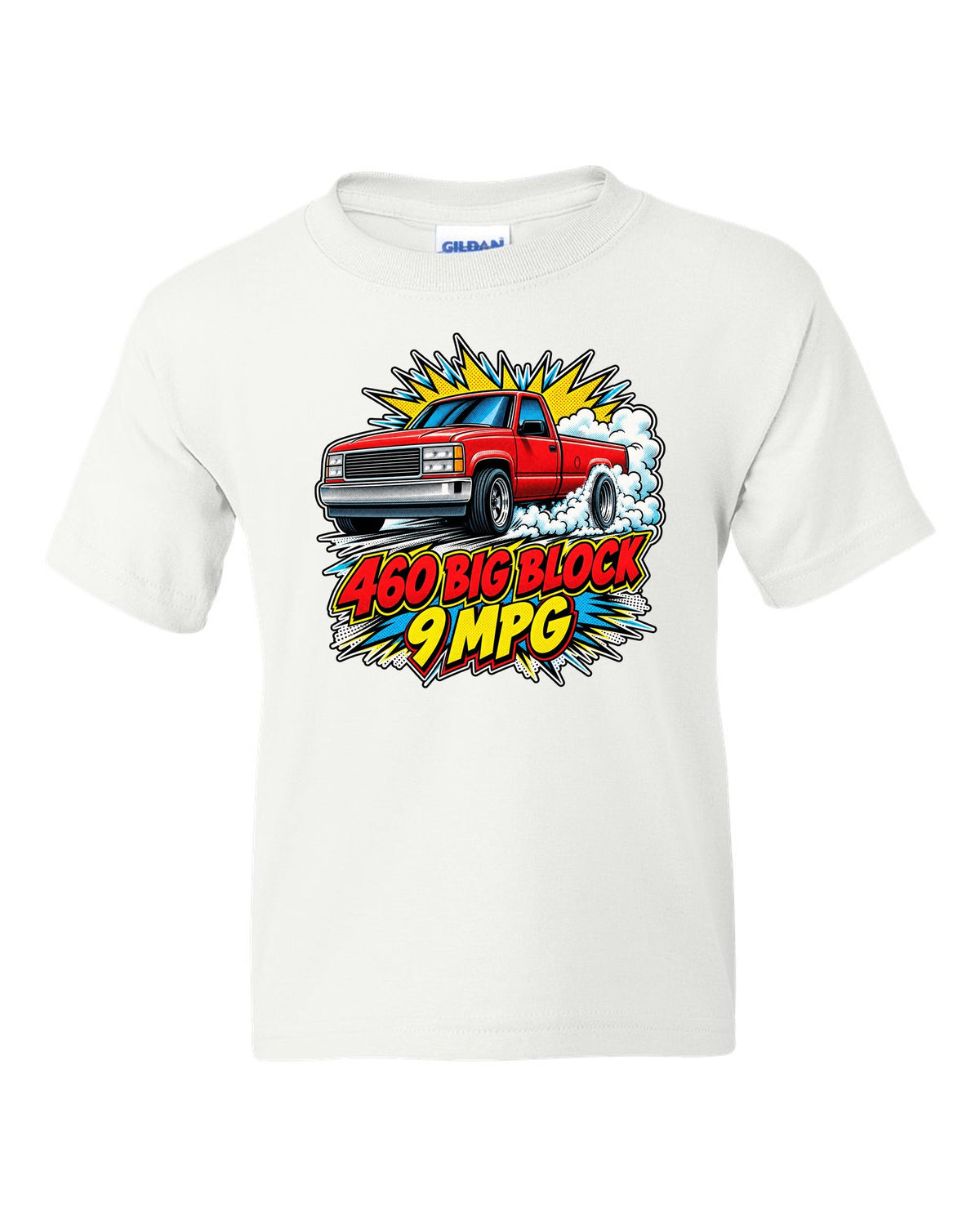 Comic halftone pop-art print of a 1992-97 Ford F-150 OBS burnout with 460 big block text white kids tee front view with the design