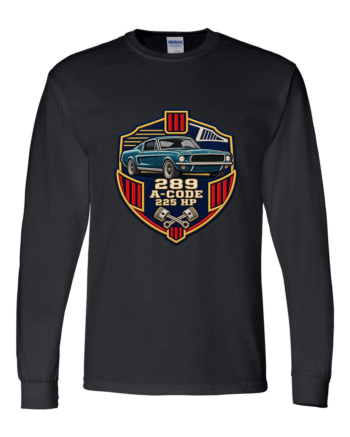 Embroidery-style varsity crest print for a 1967 Ford Mustang fastback A-Code 289 black long sleeve front view with the design