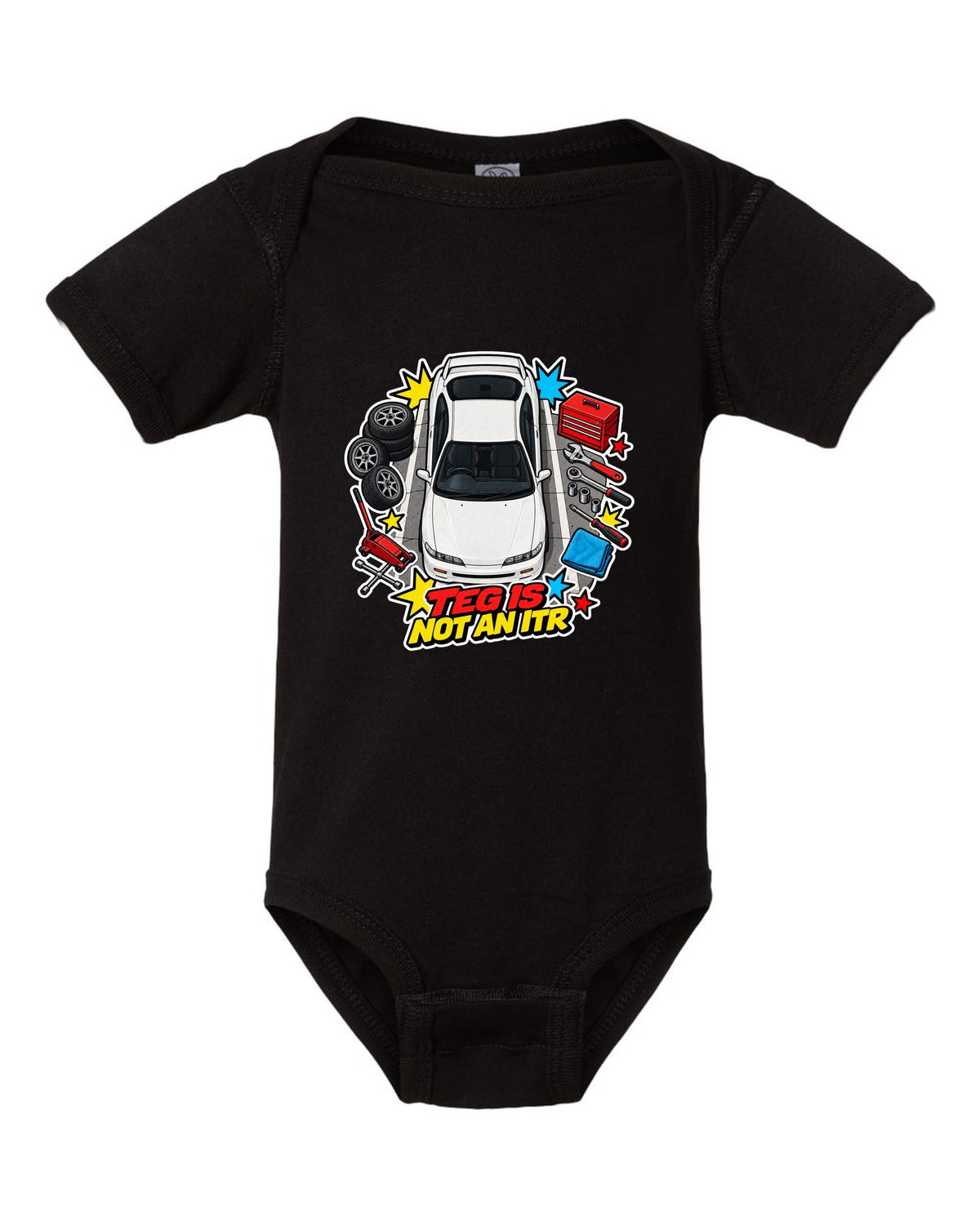 Retro Showa catalogue ad style print of a 2002 Honda Integra DC5 ch with K20A six speed text black baby onesie front view with the design