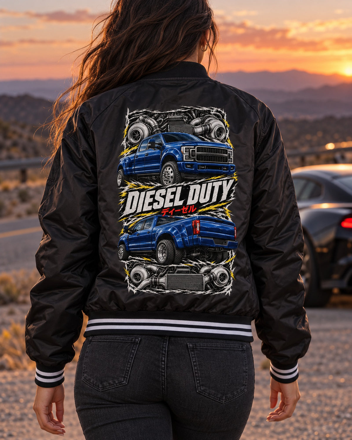 Ford F-250 Power Stroke Torn Poster Full-Back Graphic Tee Bomber Jacket Black worn hero