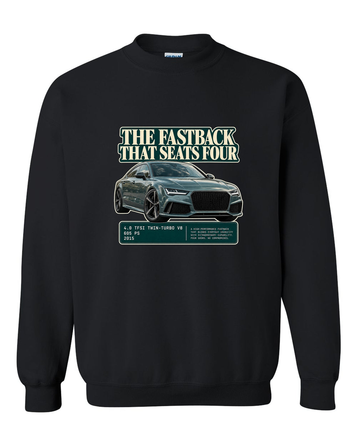 Audi RS7 Sportback C7 editorial headline print on a tee black crewneck front view with the design