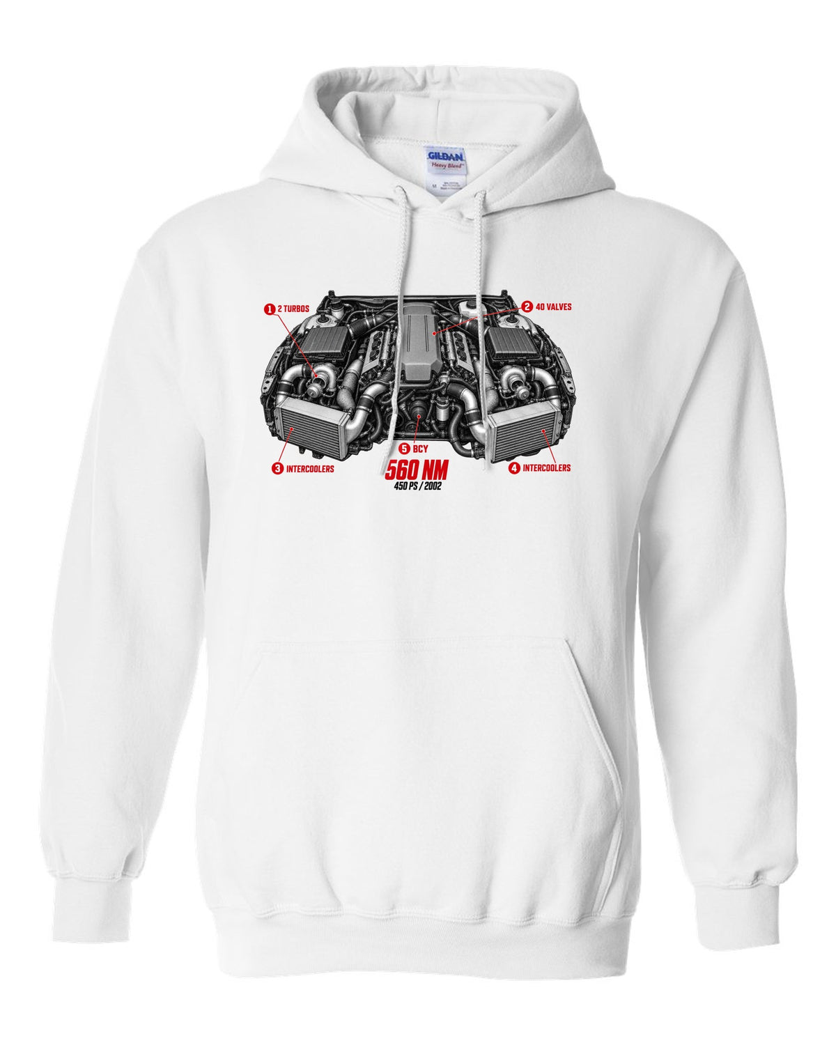 Audi RS6 Avant C5 BCY 4.2 biturbo engine with callouts and spec text white pull over hoodie front view with the design