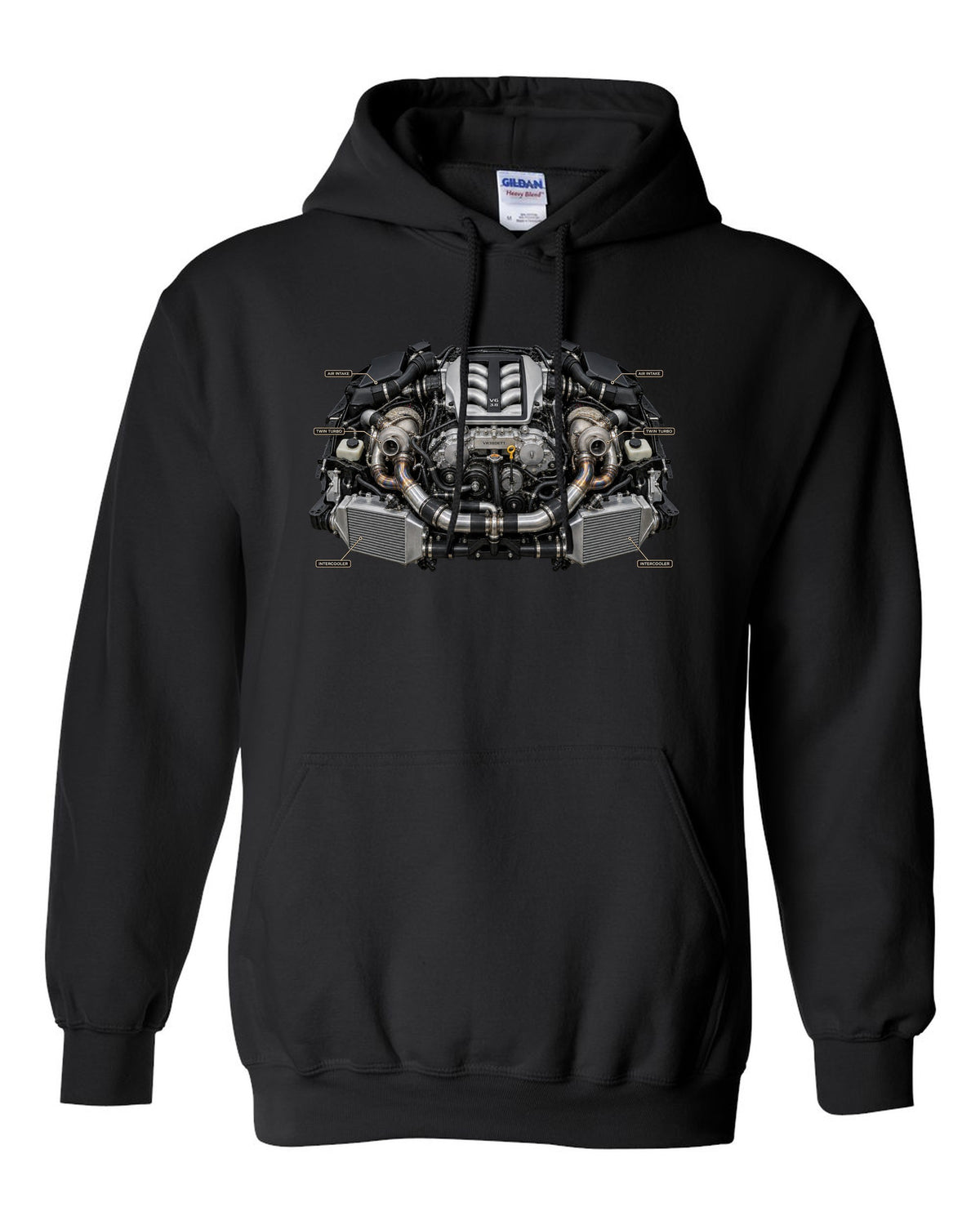 Nissan GT-R R35 Nismo three-view spec table print in graphite grey and red black pull over hoodie front view with the design