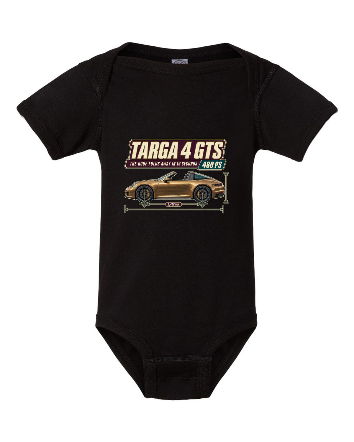 Editorial headline print of a Porsche 911 Targa 4 GTS 992 black baby onesie front view with the design