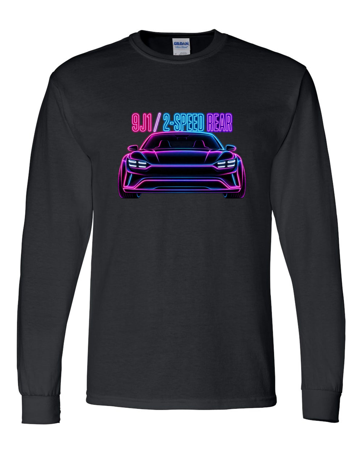 Porsche Taycan Turbo S 9J1 neon outline print with the text 9J1 2-speed rear black long sleeve front view with the design