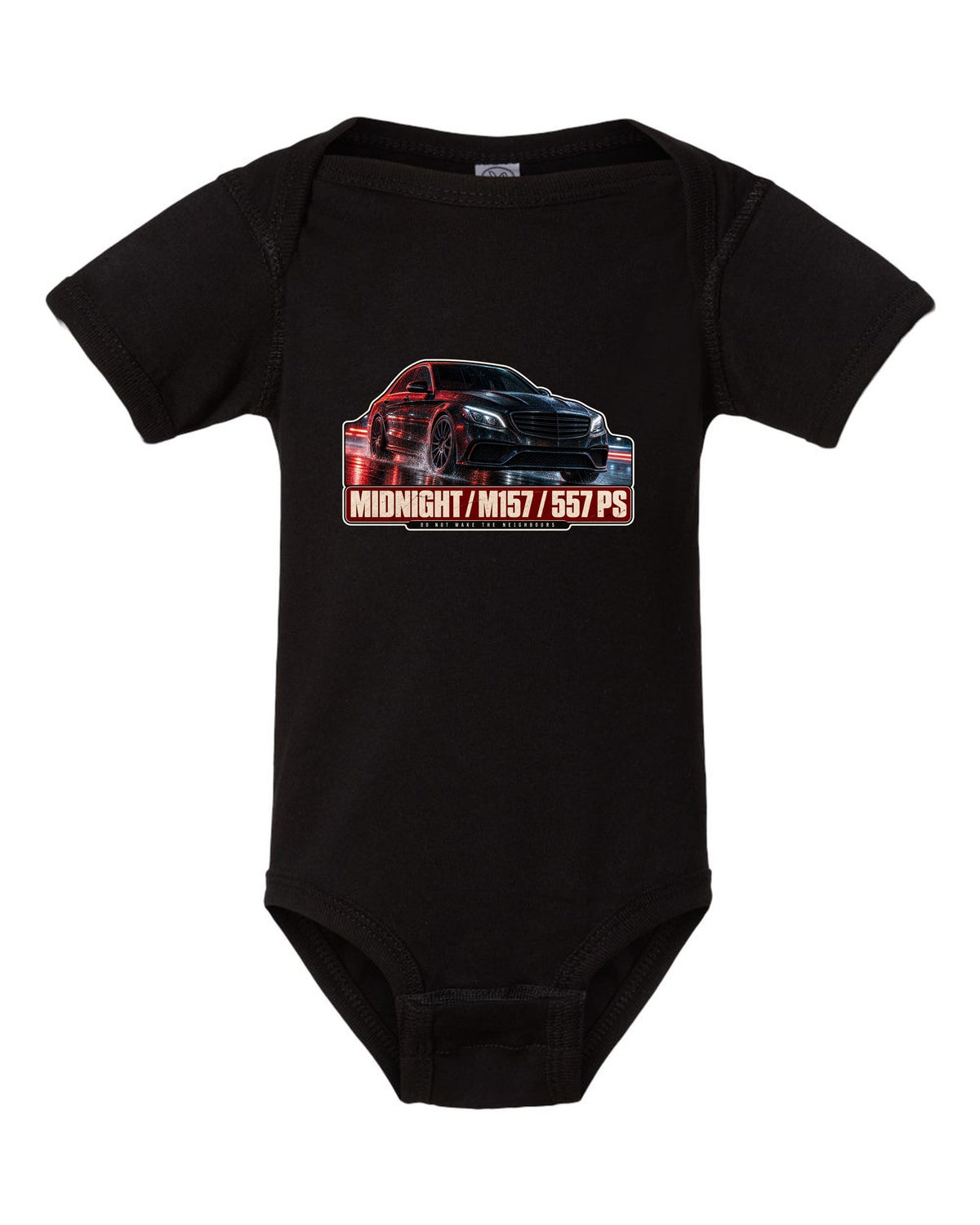 Night street print of a Mercedes-AMG E63 W212 facelift in blue and red light black baby onesie front view with the design