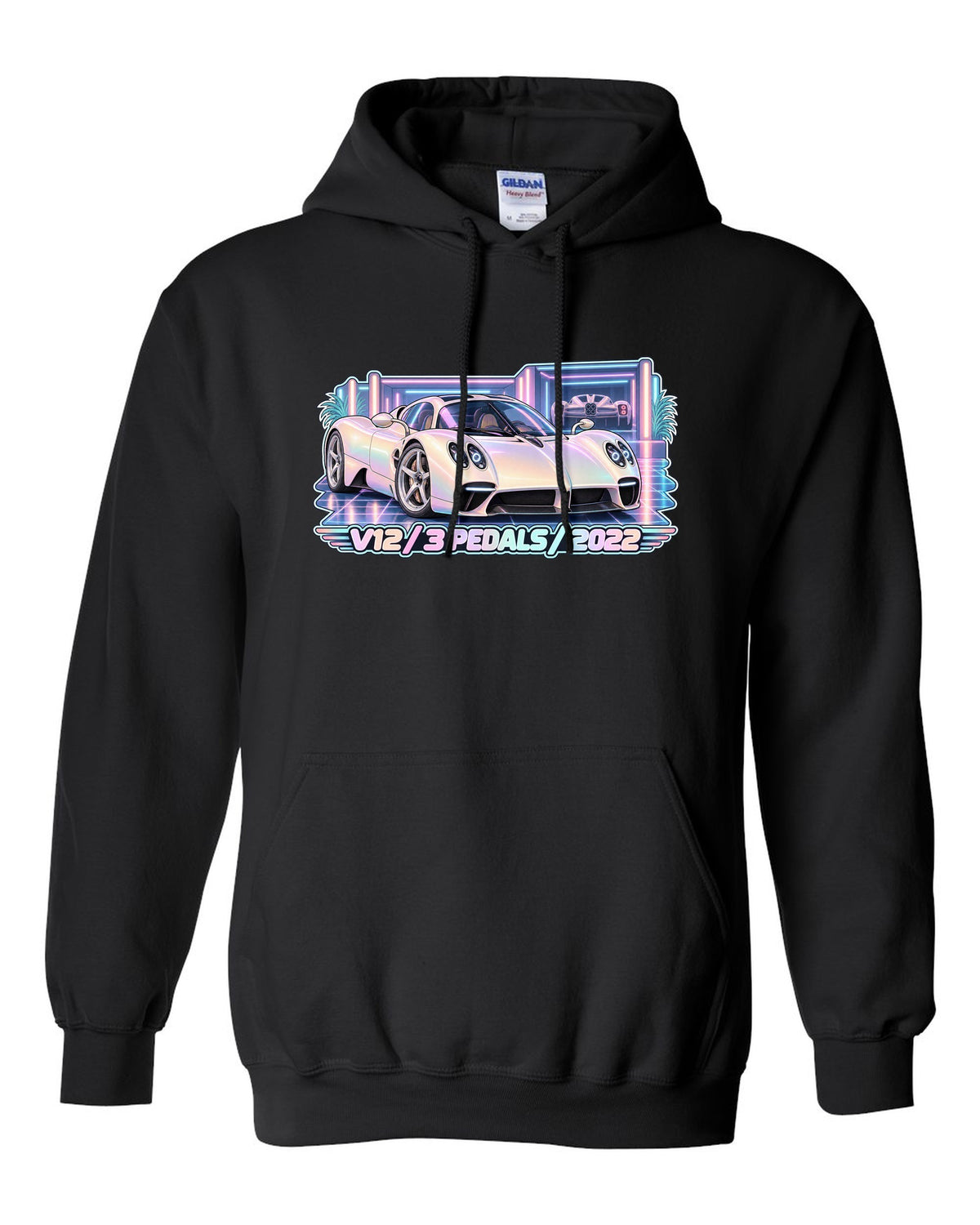 Pastel vaporwave garage illustration of a Pagani Utopia with V12 3 PEDALS 2022 lettering black pull over hoodie front view with the design