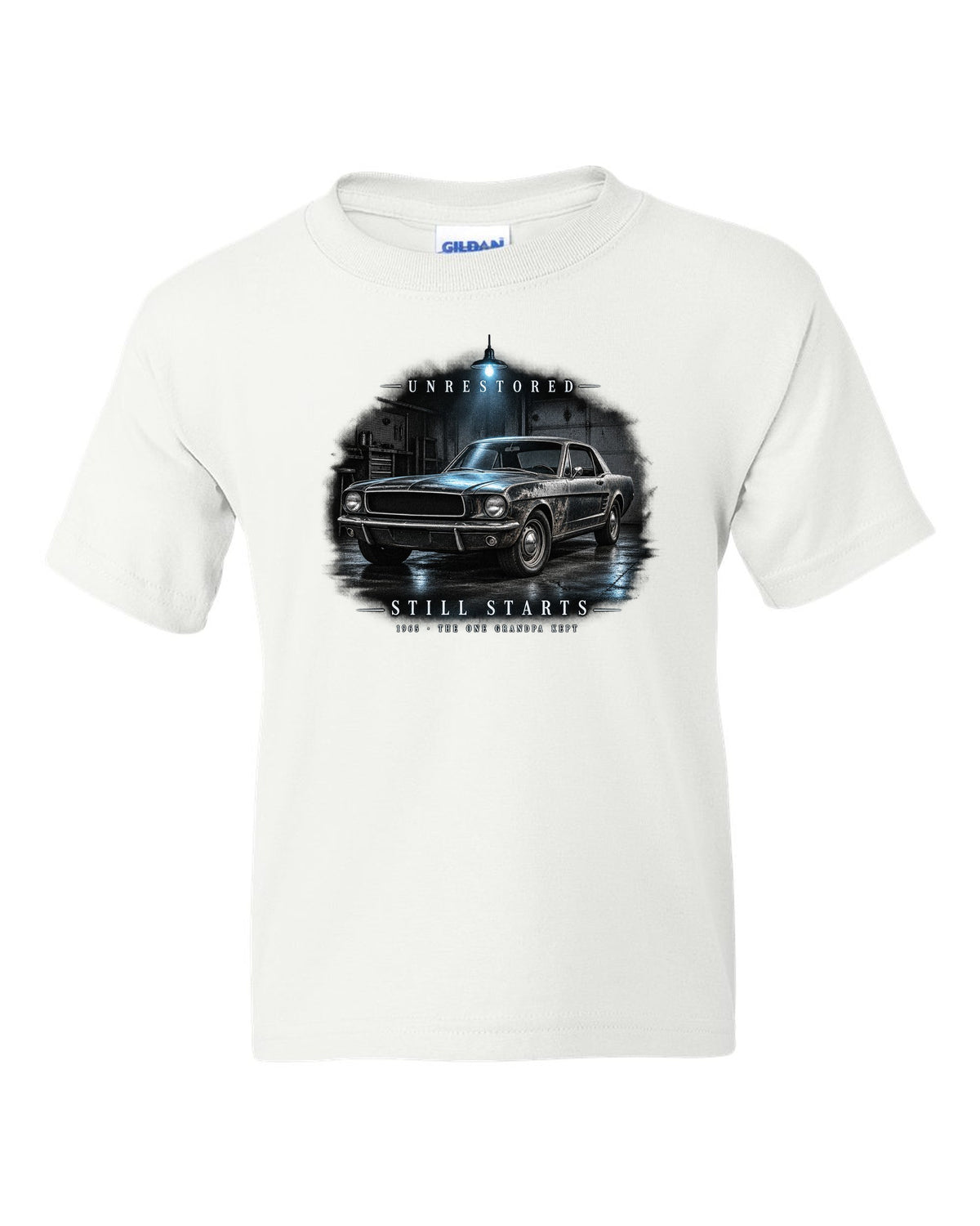Garage night illustration of a white 1965 Ford Mustang coupe with unrestored still starts lettering white kids tee front view with the design