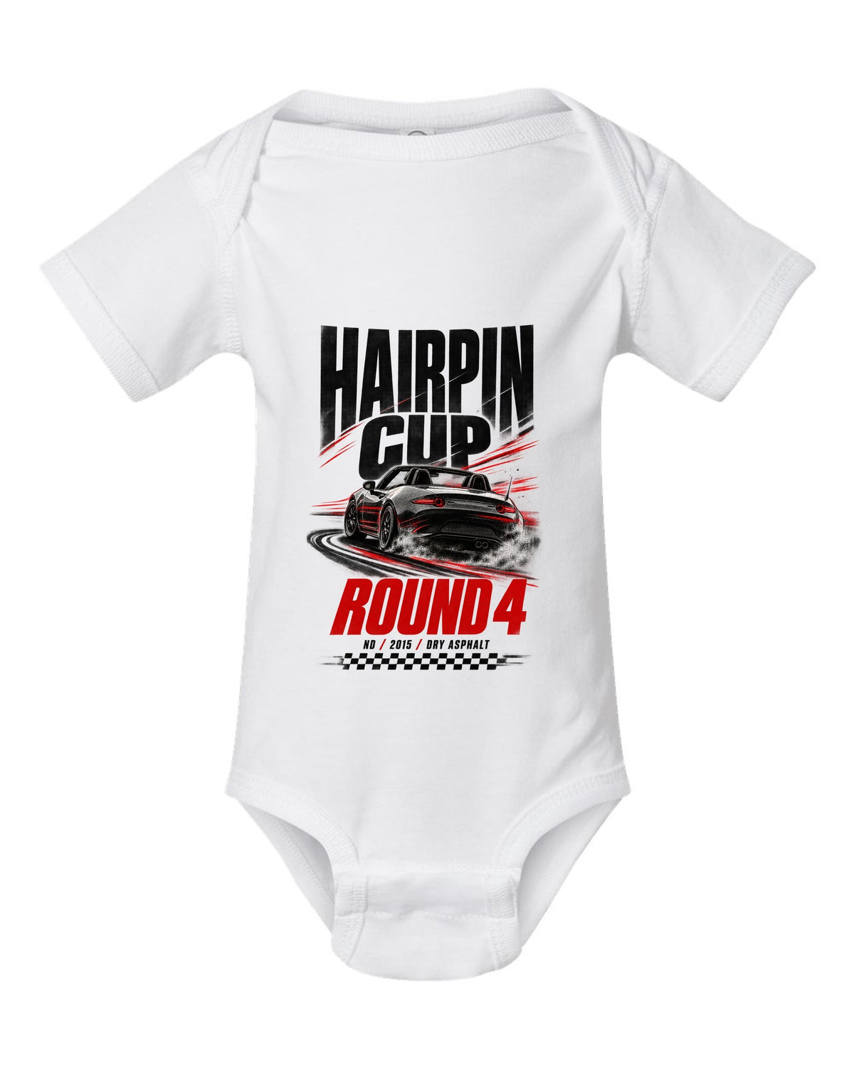 Race poster print of a Mazda MX-5 ND for the Hairpin Cup round 4 white baby onesie front view with the design