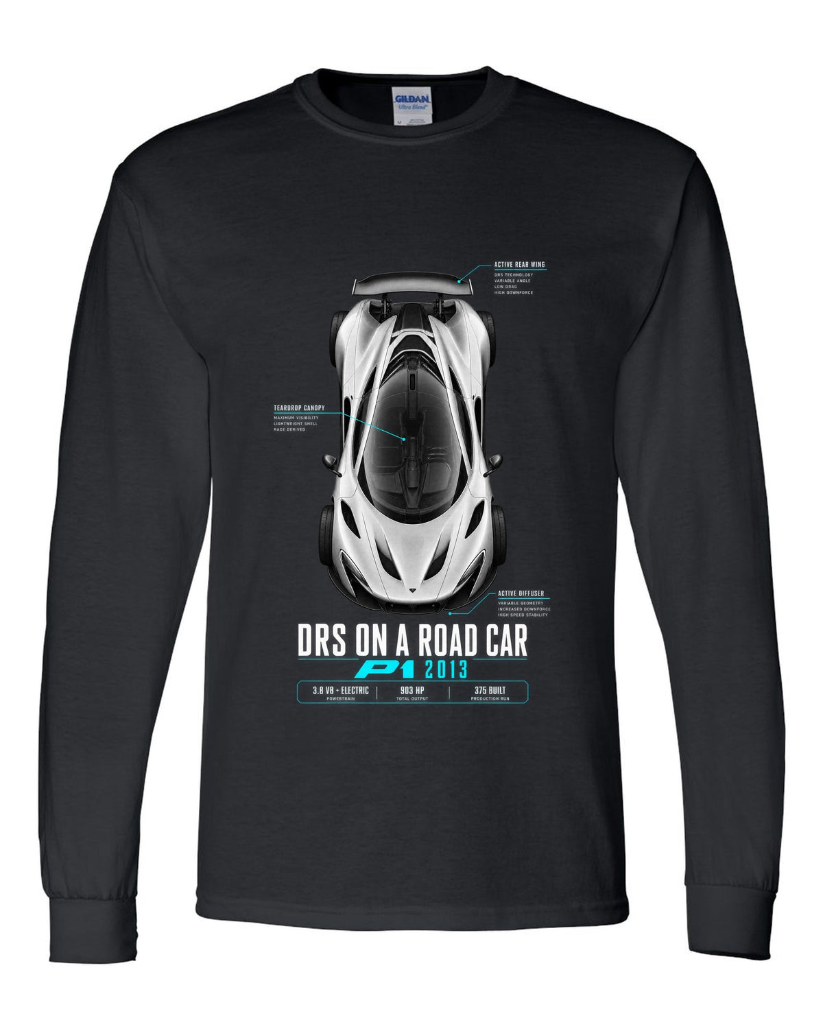 Spec poster print of a 2013 McLaren P1 with DRS on a road car text black long sleeve front view with the design