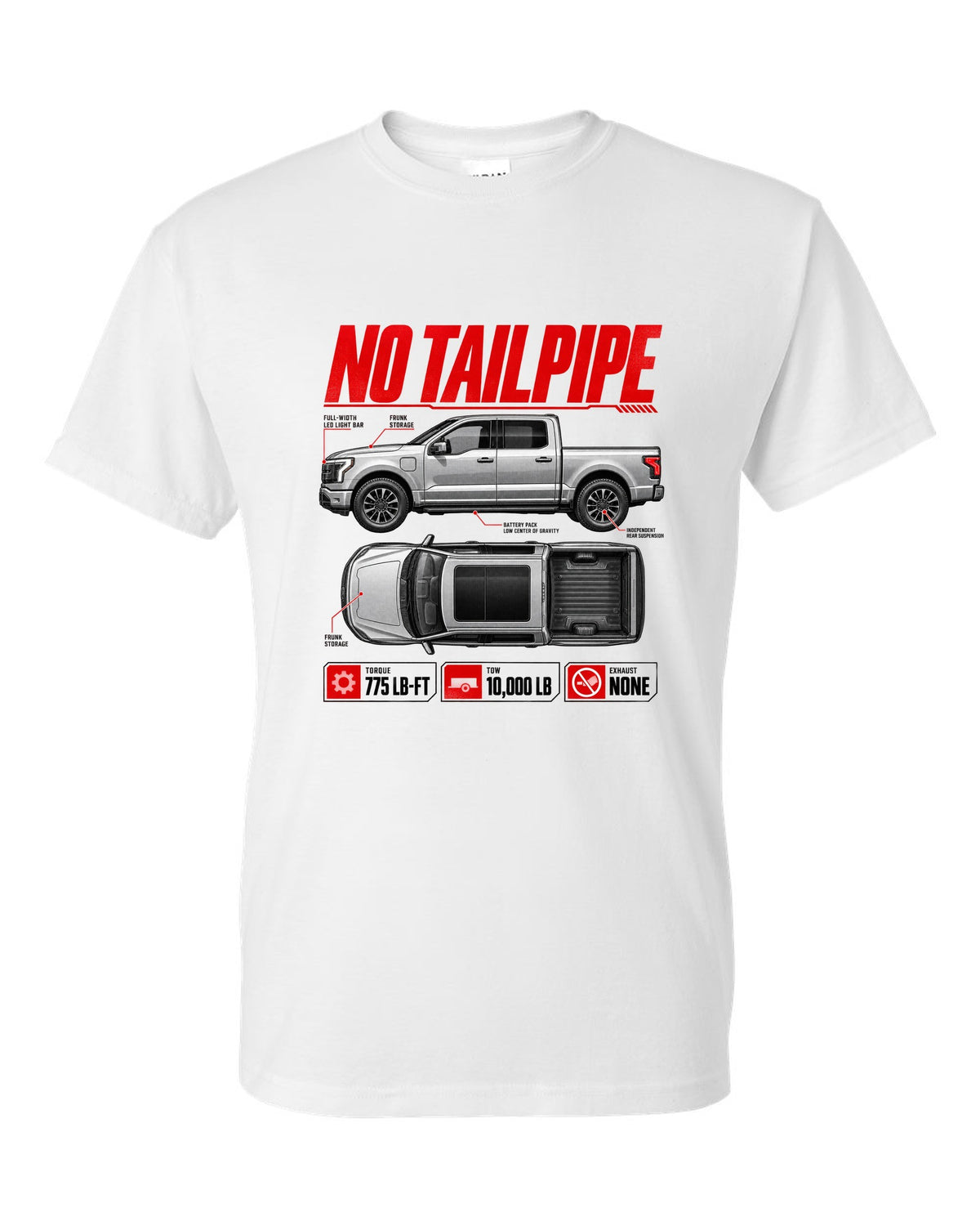 Ford F-150 Lightning 2022 top-down and profile spec sheet poster white t-shirt front view with the design