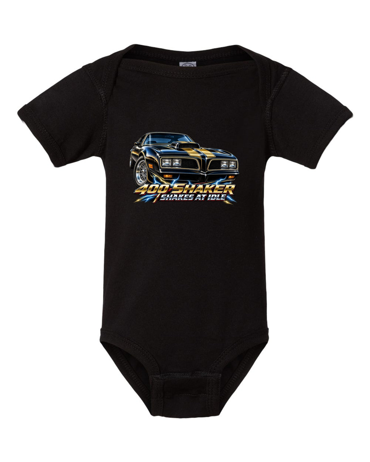 1977 Pontiac Firebird Trans Am shaker hood close-up in airbrush chrome black baby onesie front view with the design