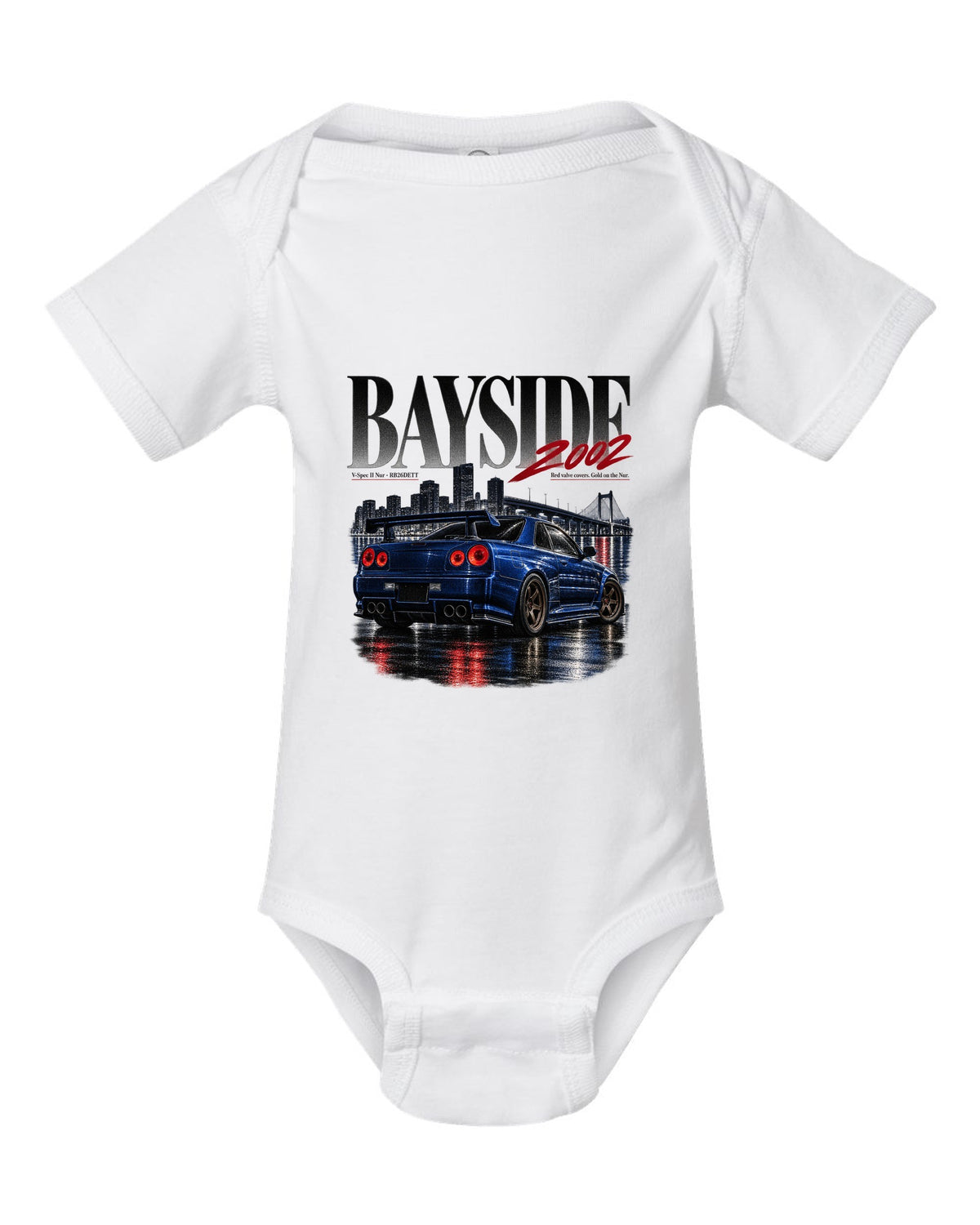 Editorial print of a Nissan Skyline GT-R R34 V-Spec II Nur rear with RB26DETT text white baby onesie front view with the design