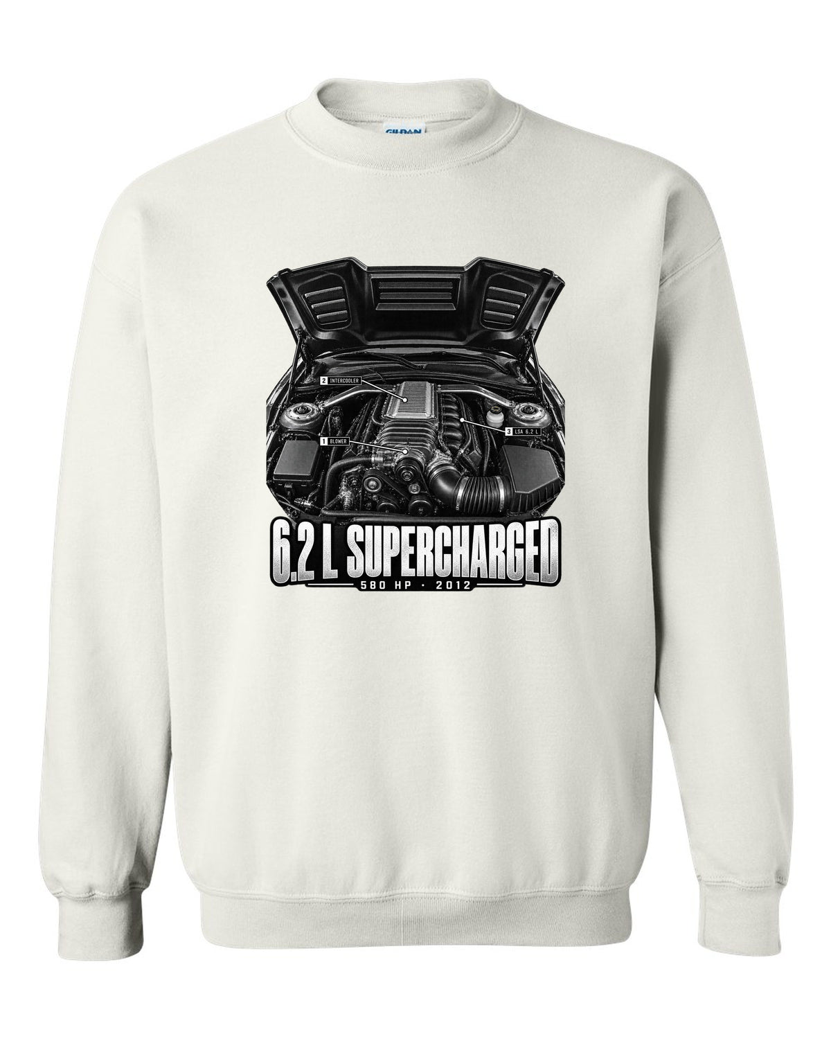 Engine hero print of a supercharged 6.2 L LSA in a 2013 Chevrolet Camaro ZL1 with numbered callouts white crewneck front view with the design