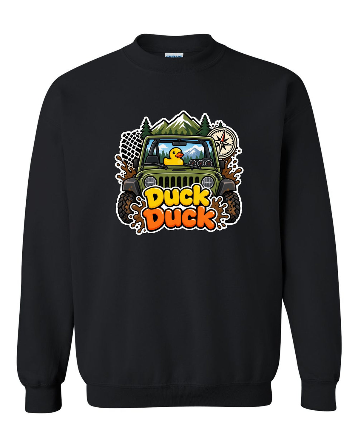 Sticker-bomb collage print of a Jeep Wrangler JK dashboard with ducks black crewneck front view with the design