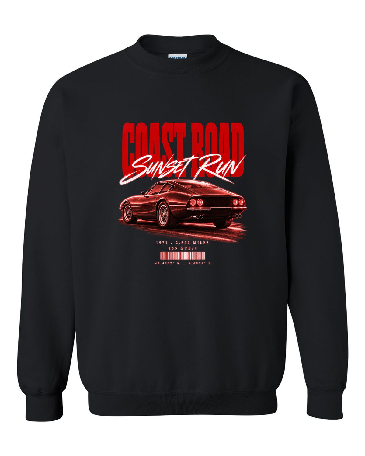 Street poster print of a Ferrari 365 GTB/4 Daytona with Coast Road, Sunset Run, 1971, 2,800 miles black crewneck front view with the design