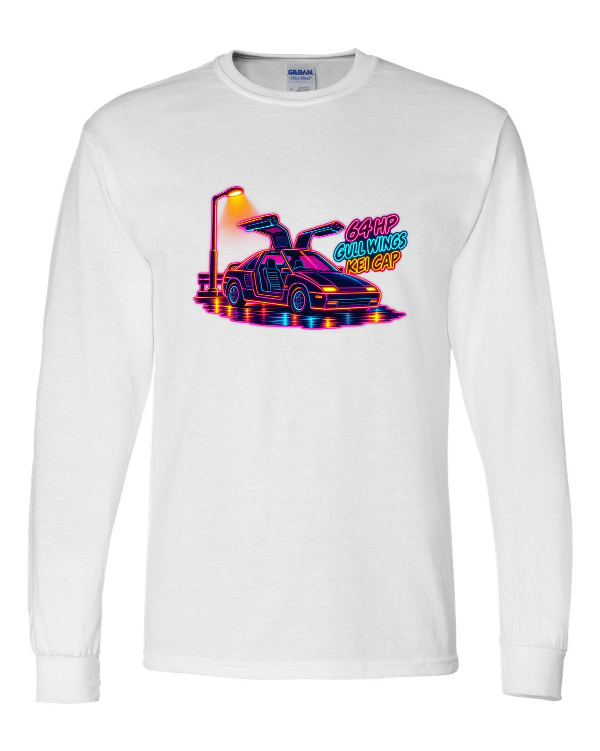 Neon synthwave line art print of an Autozam AZ-1 PG6SA with 64 HP gull wings kei cap lettering white long sleeve front view with the design