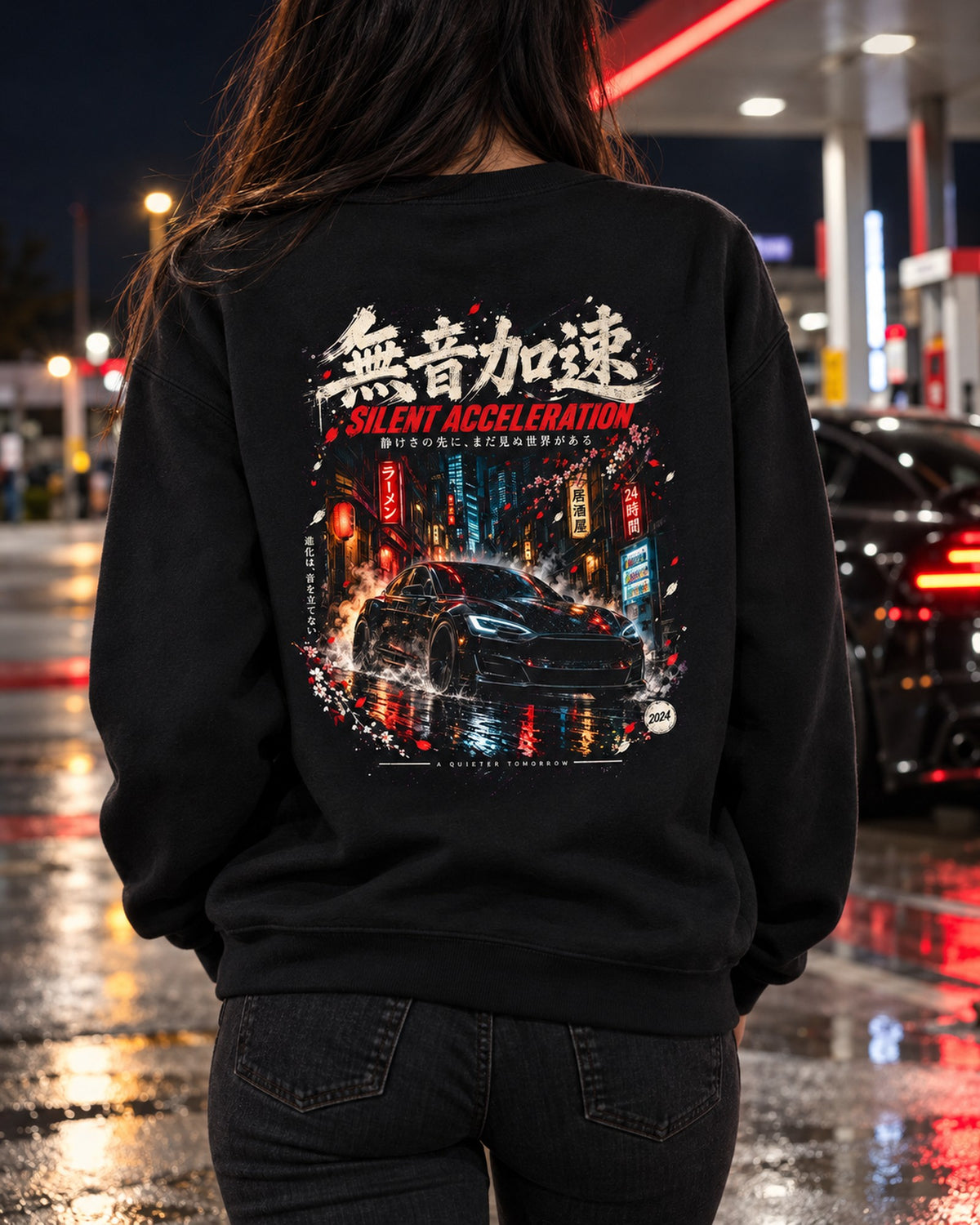 Tesla Model S Plaid Silent Acceleration Shirt, Hoodie & More Crewneck Black worn hero