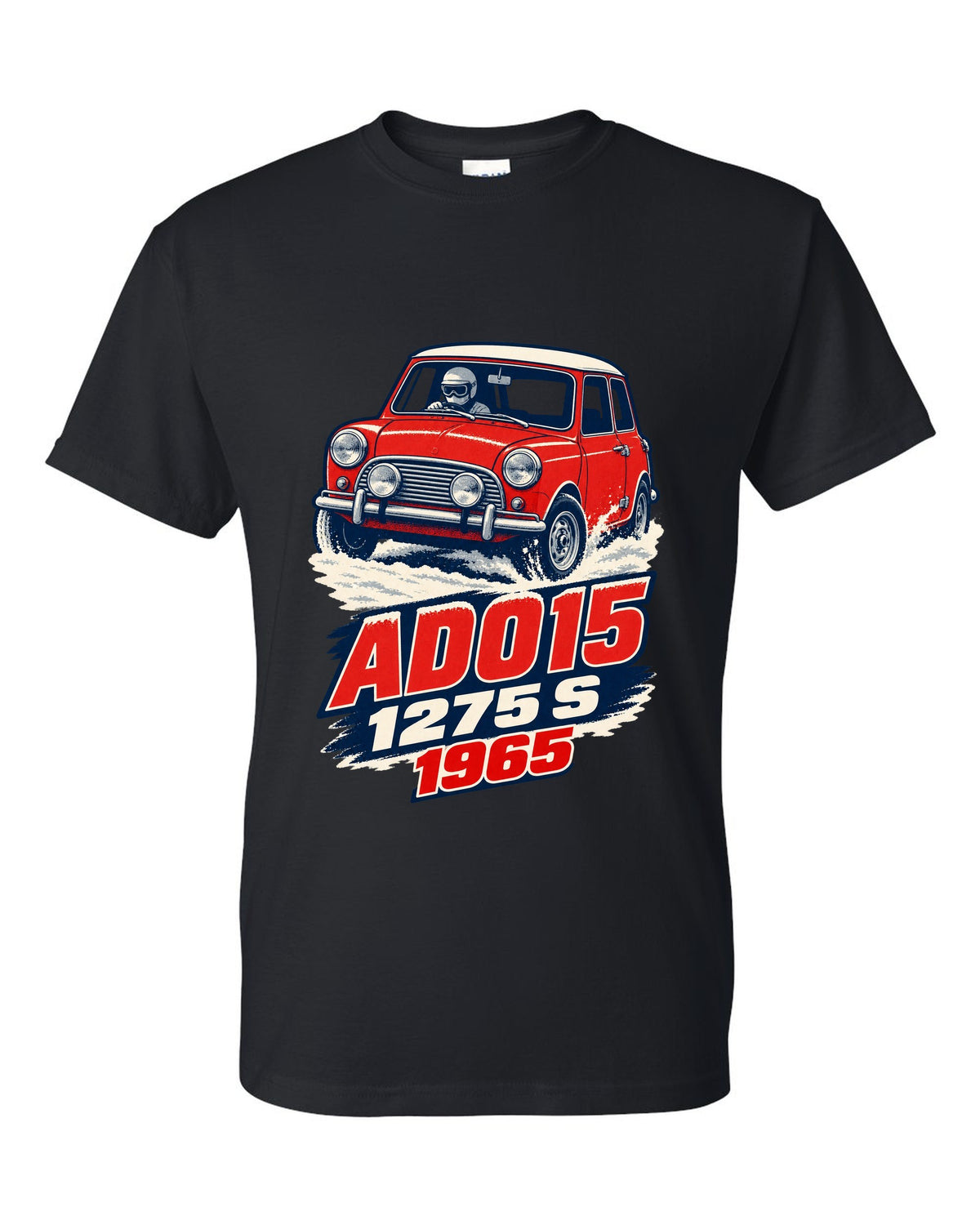 1965 Mini Cooper S ADO15 rally car in a 1960s litho poster style black t-shirt front view with the design
