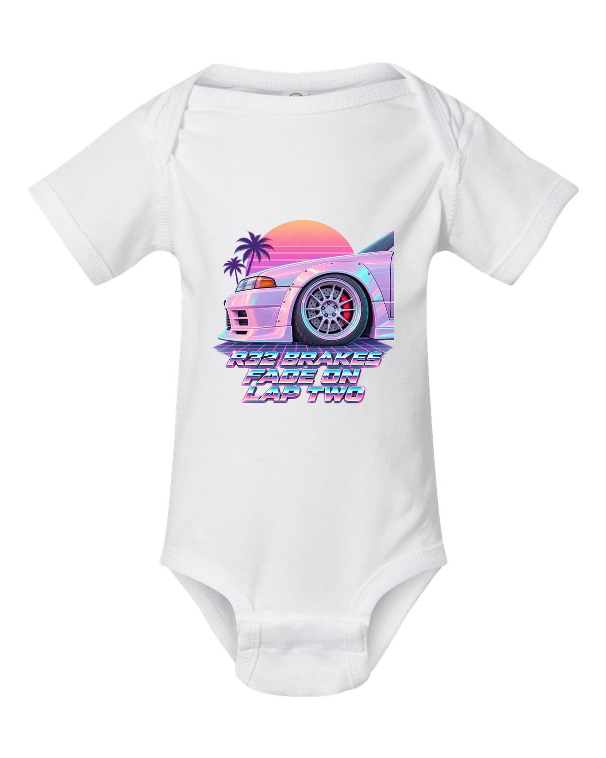 Vaporwave pastel print of a brake wheel with Nissan Skyline GT-R BNR32 brake fade lettering white baby onesie front view with the design