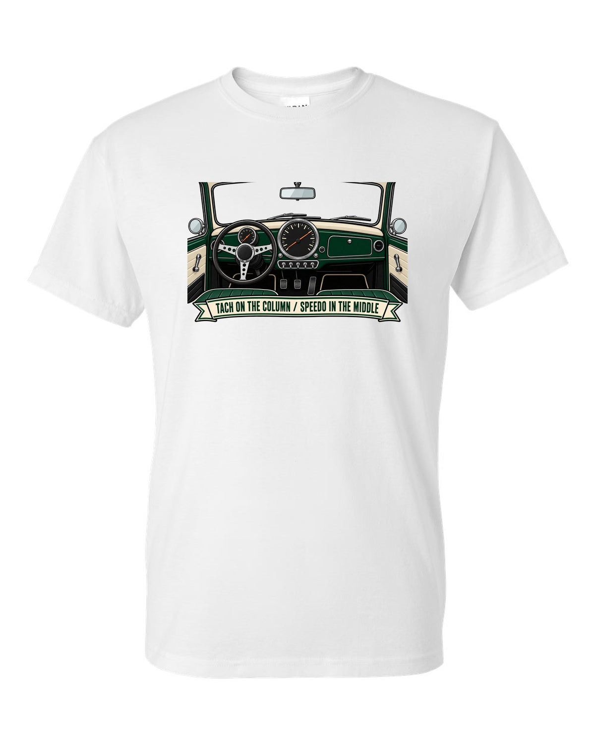 Line art of the Mini Cooper S R53 gauge cluster with column tach and central speedometer white t-shirt front view with the design