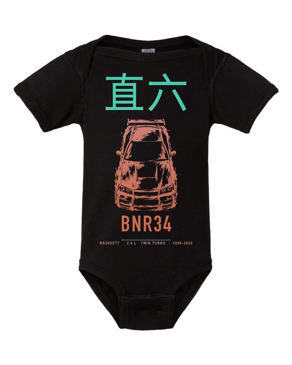 BNR34 artwork black baby onesie front view