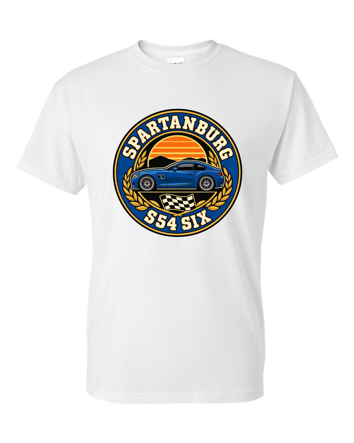 BMW Z4 M Coupe E86 varsity crest print with Spartanburg S54 six text white t-shirt front view with the design