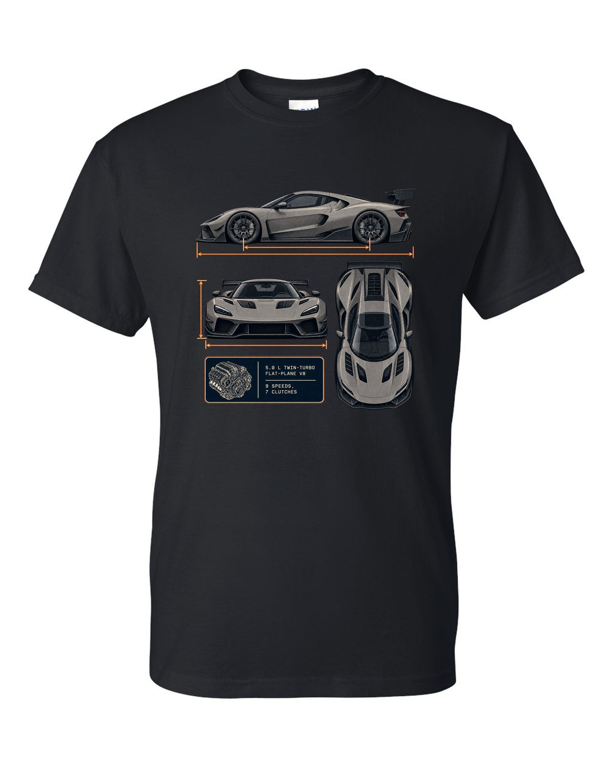 Three-view drawing and spec table of the Koenigsegg Jesko Attack, print black t-shirt front view with the design
