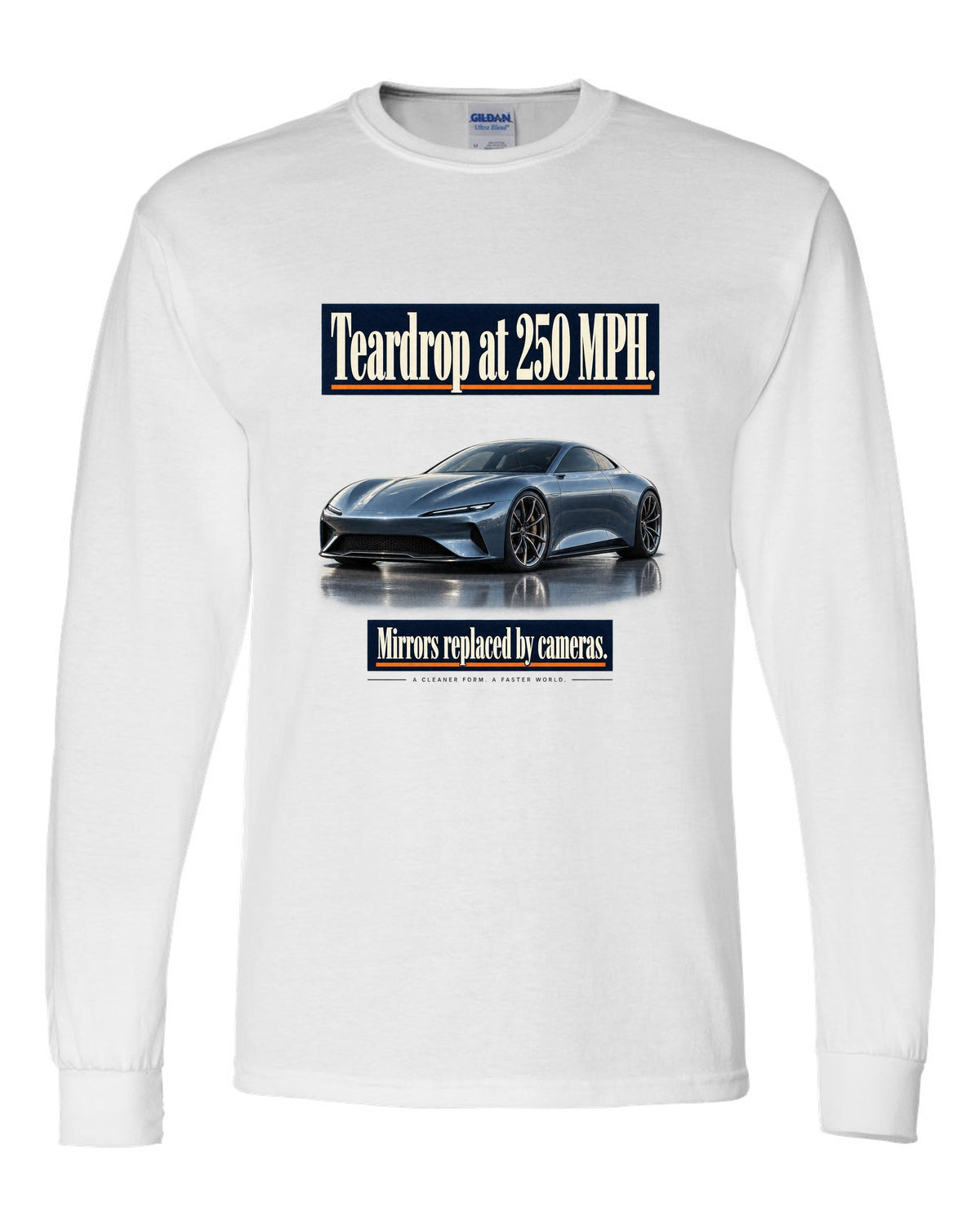 Editorial headline print of a steel blue McLaren Speedtail white long sleeve front view with the design