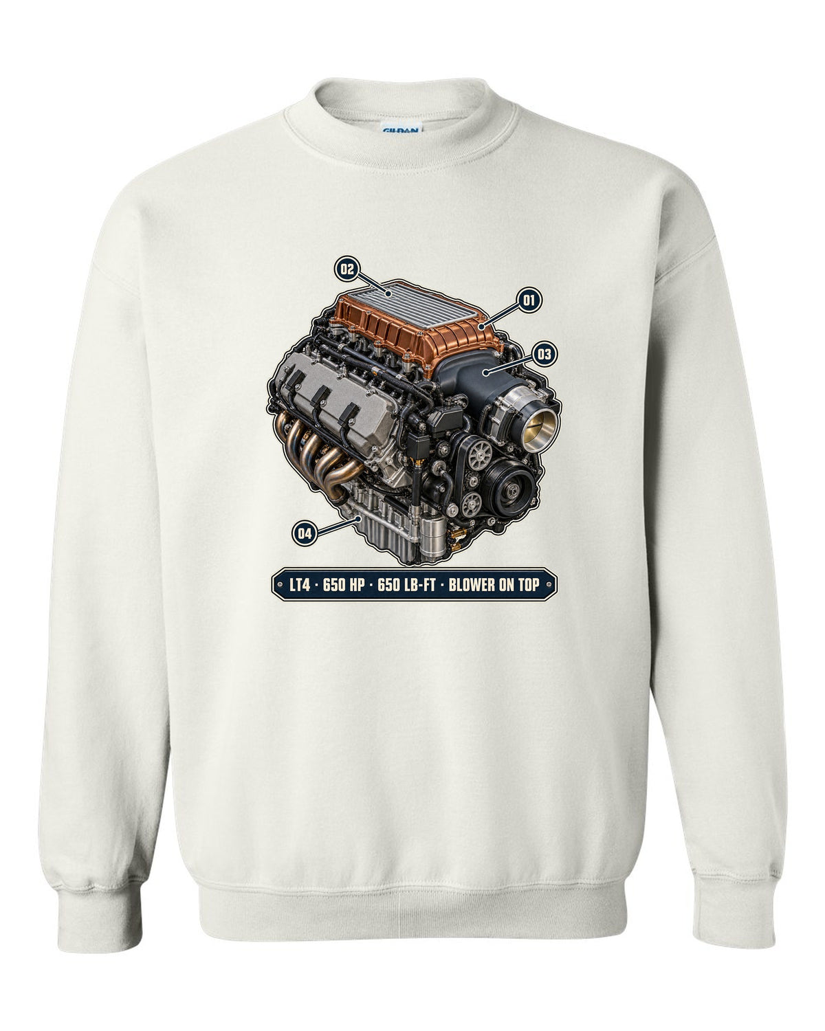 Camaro ZL1 LT4 supercharged engine bay poster print white crewneck front view with the design