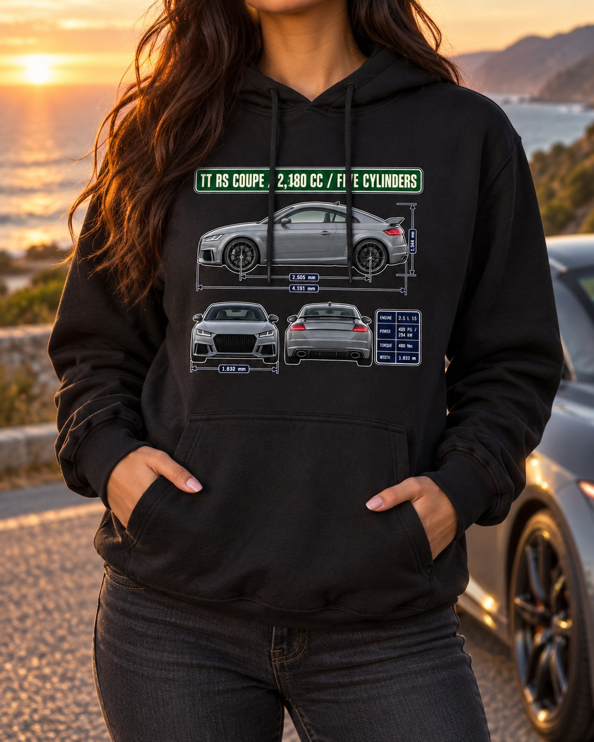 Audi TT RS 8S Coupe Dimension Blueprint Shirt, Five-Cylinder Pull Over Hoodie Black worn hero