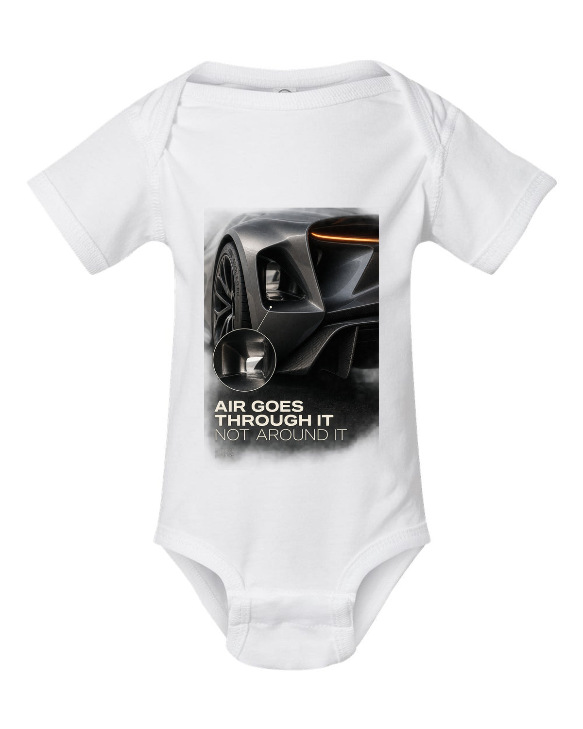 Lotus Evija rear three-quarter tunnel macro print with air goes through it text white baby onesie front view with the design