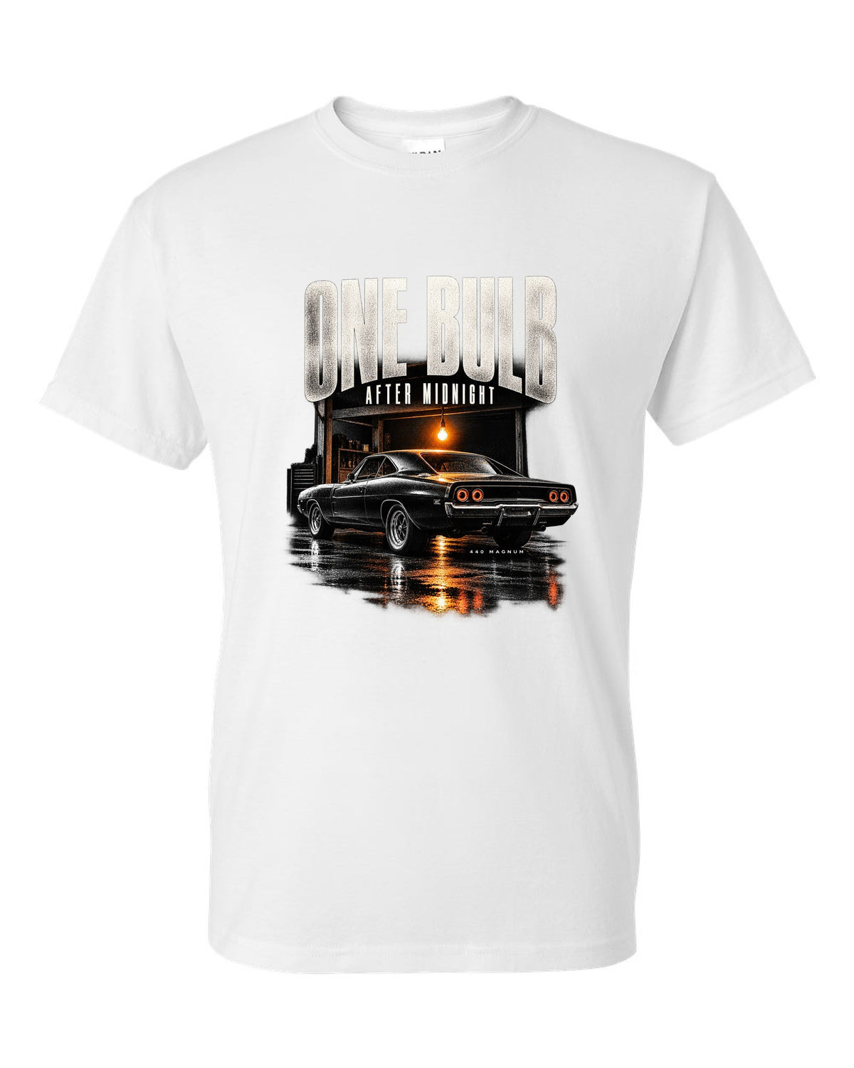 1969 Dodge Charger R/T B-body garage night print with one bulb after midnight lettering white t-shirt front view with the design