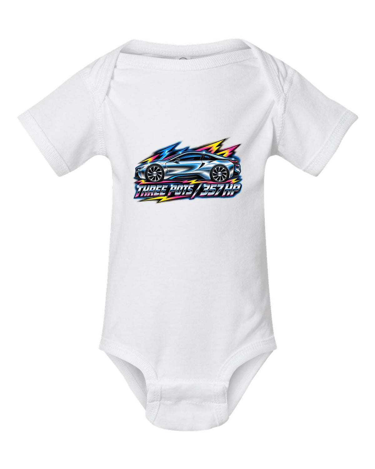 BMW i8 I12 80s airbrush chrome print with three pots 357 HP text white baby onesie front view with the design