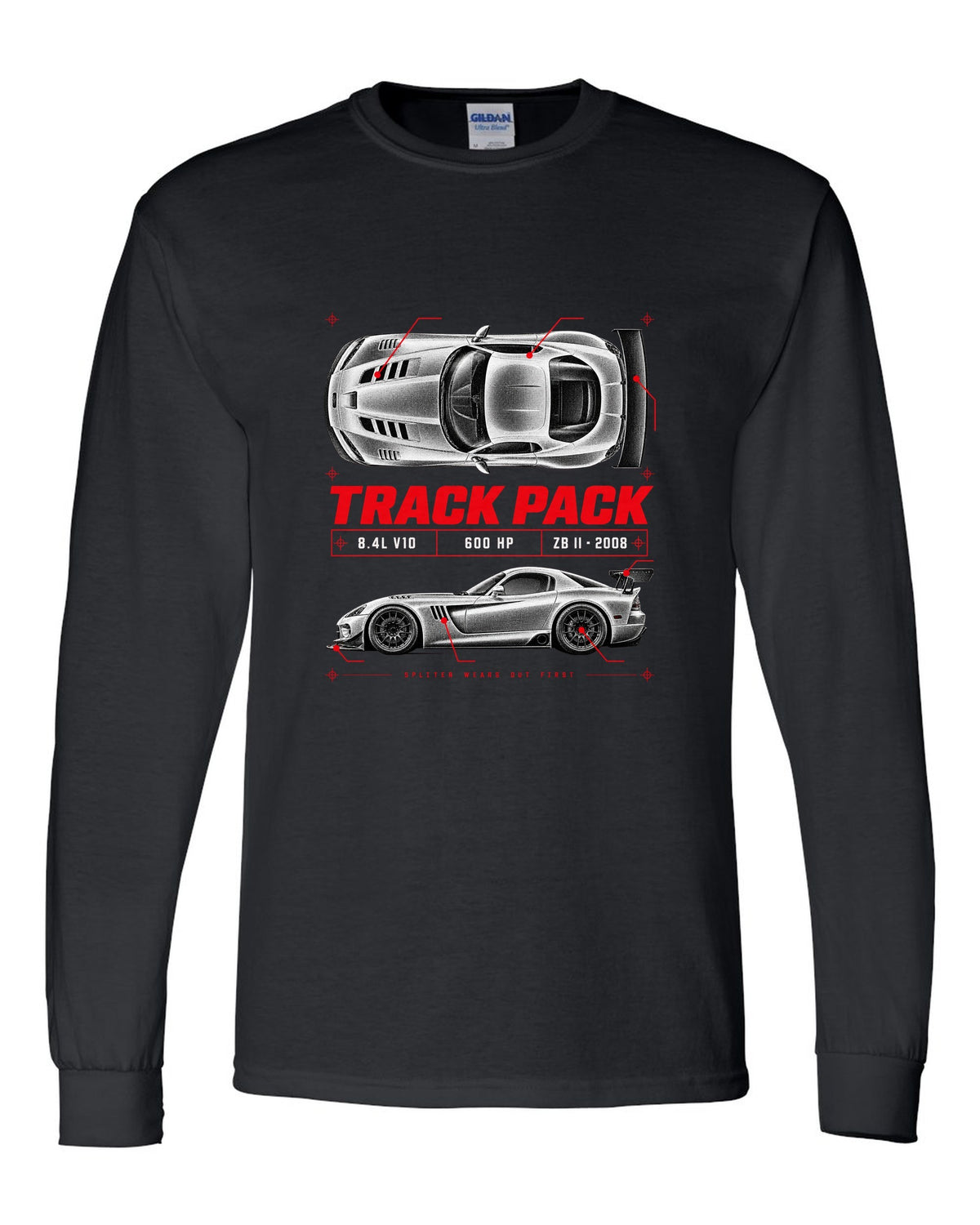 Spec poster print of a 2008 Dodge Viper ACR ZB II with Track Pack, 8.4L V10 and 600 HP text black long sleeve front view with the design