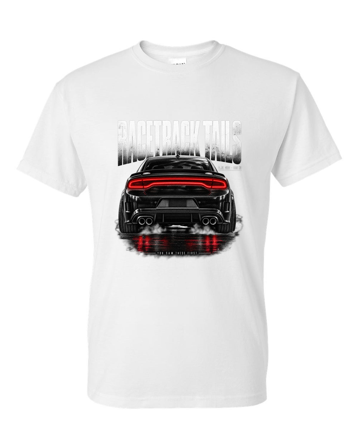 Taillight macro print of a 2016 Dodge Charger Scat Pack LX/LD with 6.4L 392 and 485 HP text white t-shirt front view with the design