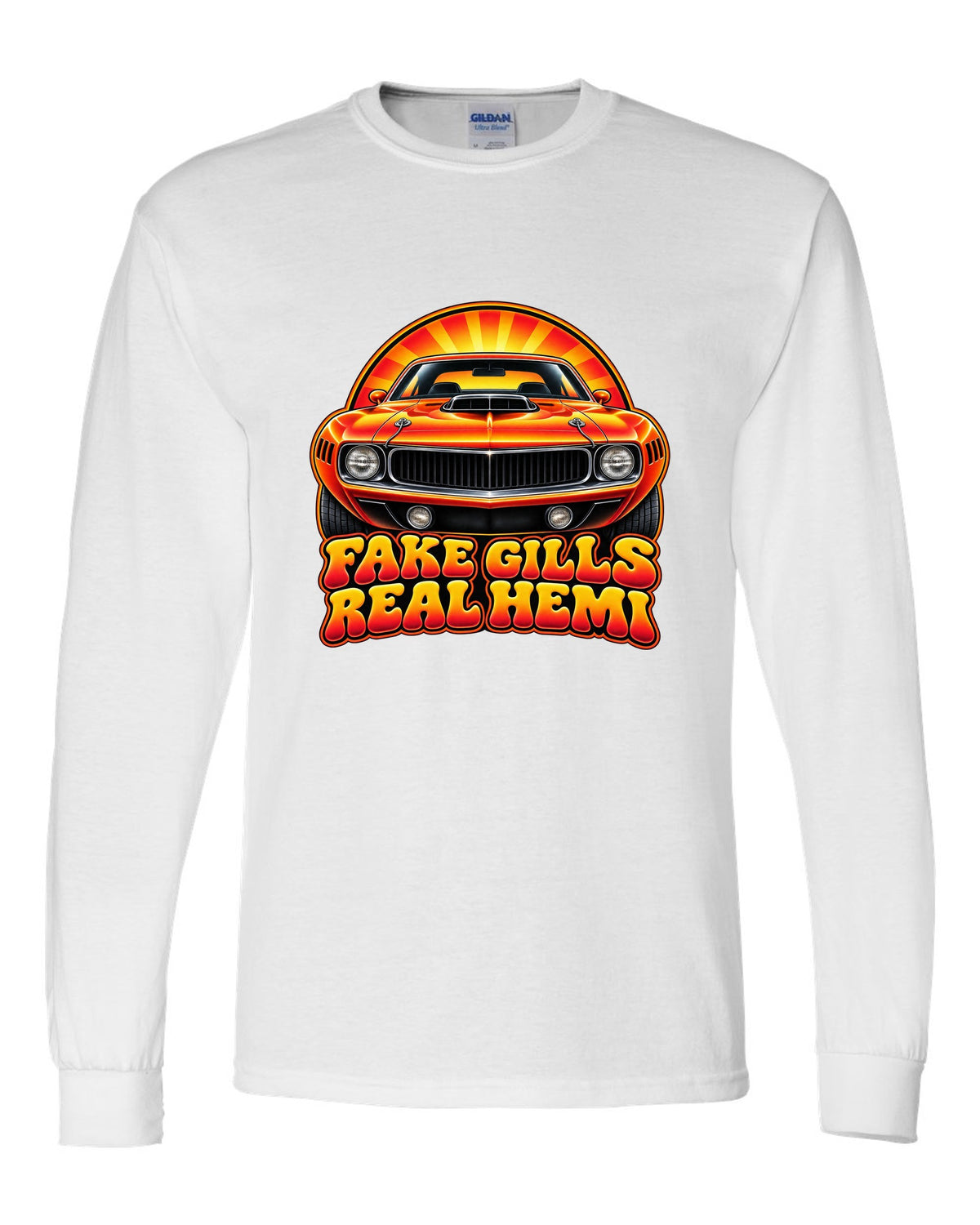 Retro 70s airbrush sunburst design with a 1970 Plymouth Hemi Cuda and fake gills real Hemi text white long sleeve front view with the design