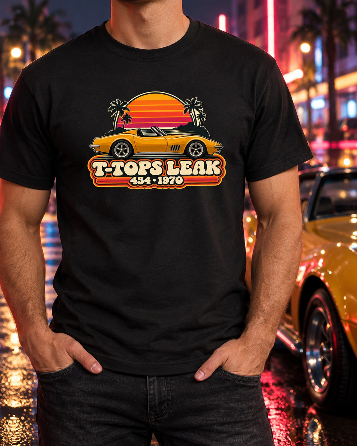 Corvette C3 Stingray 1970 Mako Sunset Stripes Retro Shirt T-Shirt Black worn hero